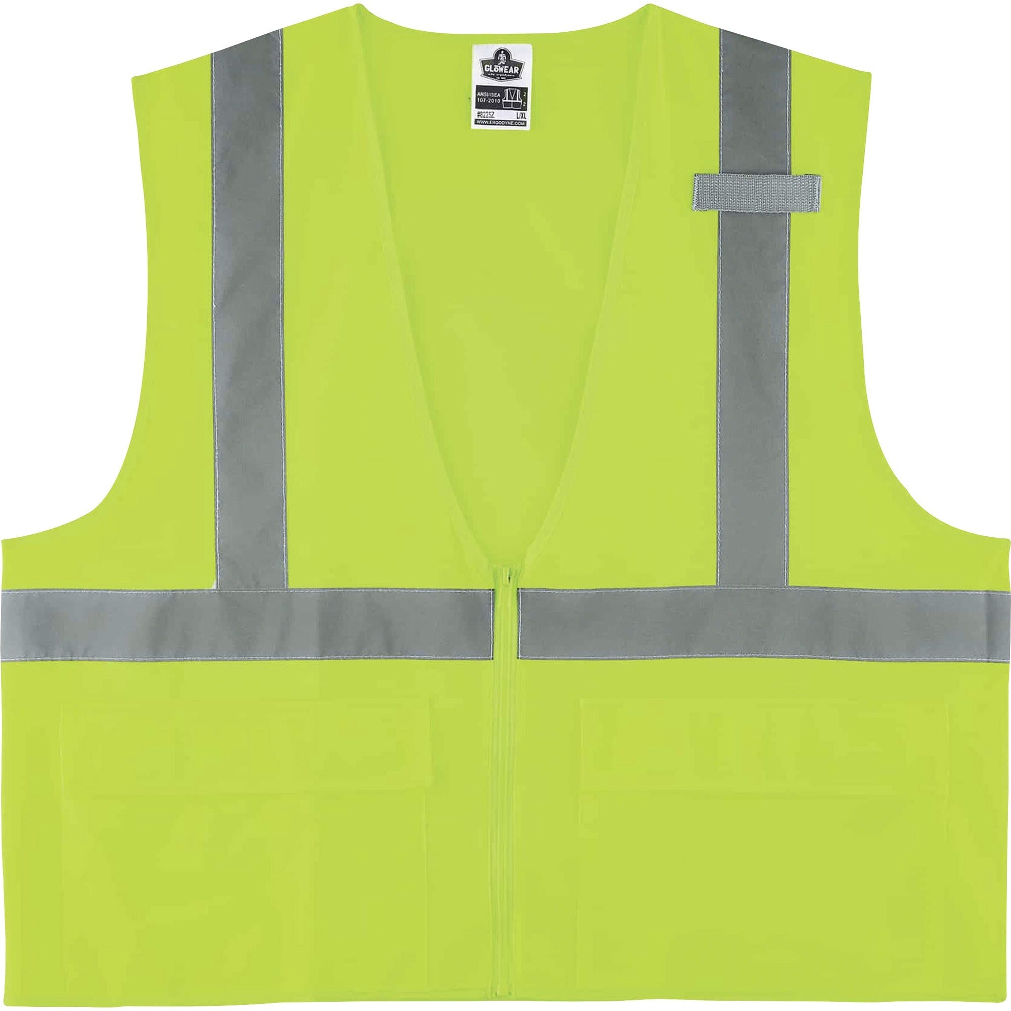 Ergodyne 8225Z Type R Class 2 Solid Safety Vest, Small/Medium, Zipper Closure, Lime, Polyester, Reflective, Pocket, Mic Tab, 1 Each
