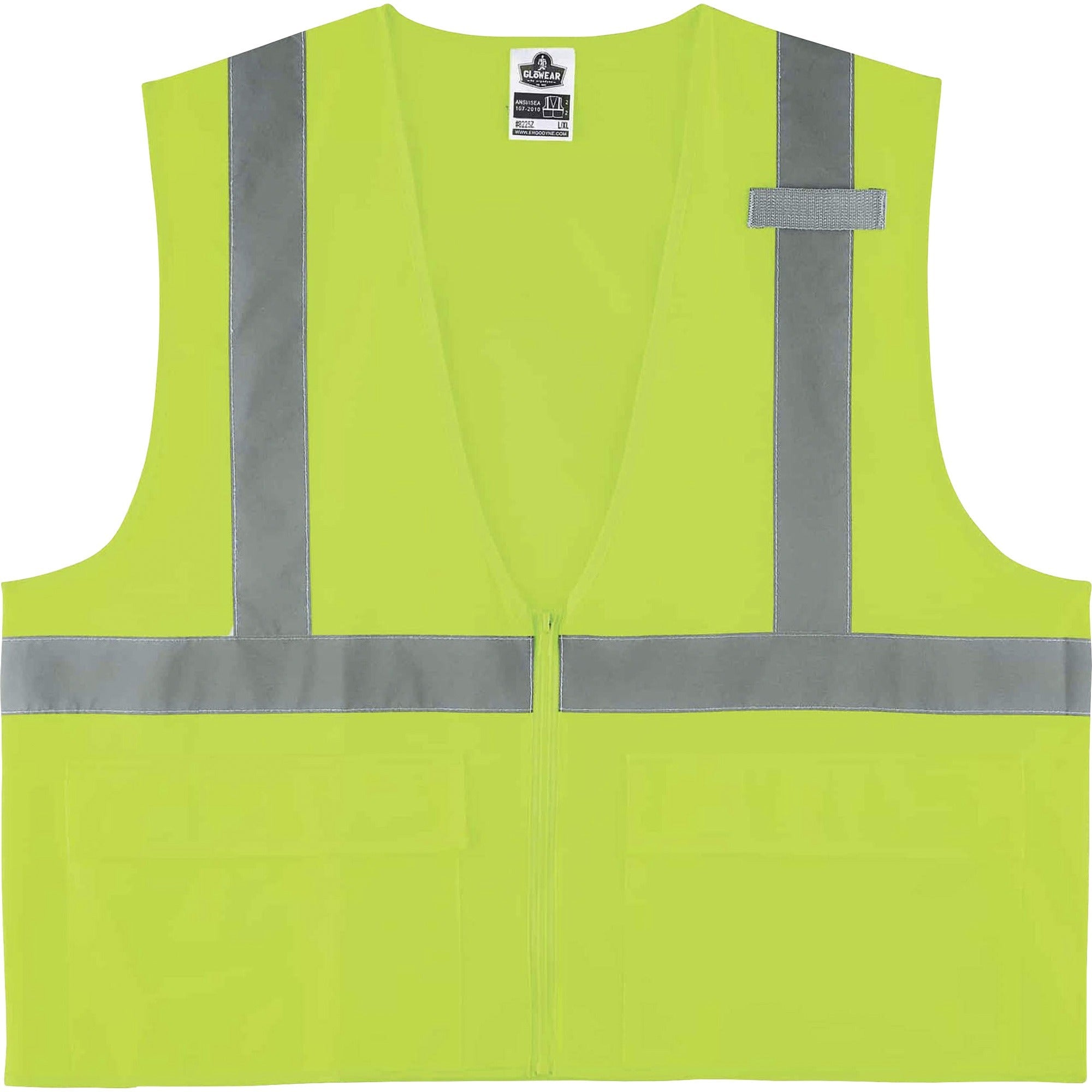 Ergodyne 8225Z Type R Class 2 Solid Vest, Large/Extra Large, Zipper Closure, Polyester, Lime, Pocket, Mic Tab, Reflective, 1 Each