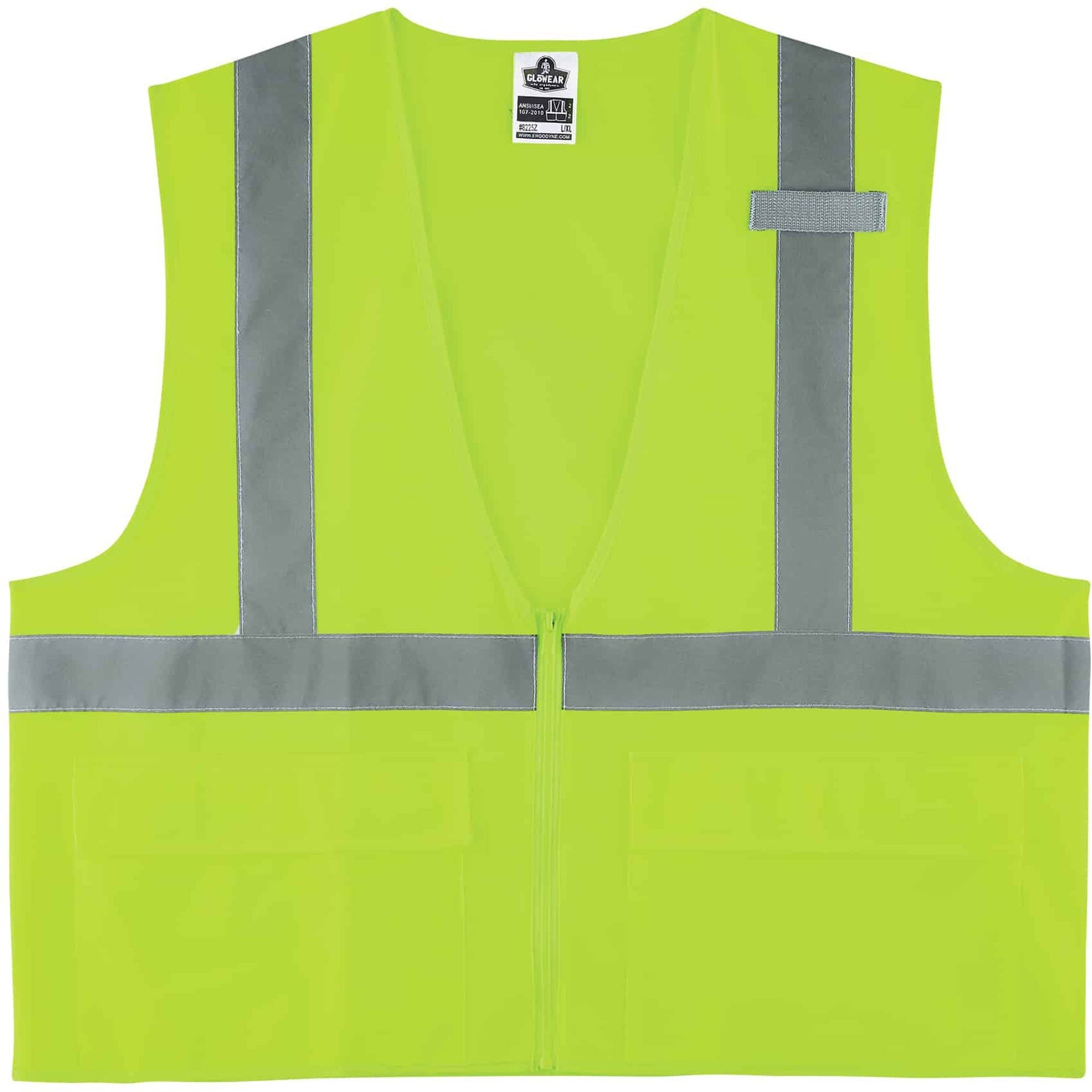 Ergodyne 8225Z Type R Class 2 Solid Vest, 2XL/3XL, Zipper Closure, Polyester, Lime, Reflective, Pocket, Mic Tab, 1 Each