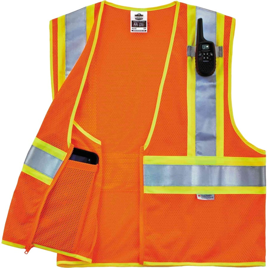Ergodyne 8230Z Type R Class 2 Two-Tone Vest, 2XL/3XL, Zipper Closure, Mesh Polyester, Orange, Pocket, Mic Tab, Reflective, 1 Each