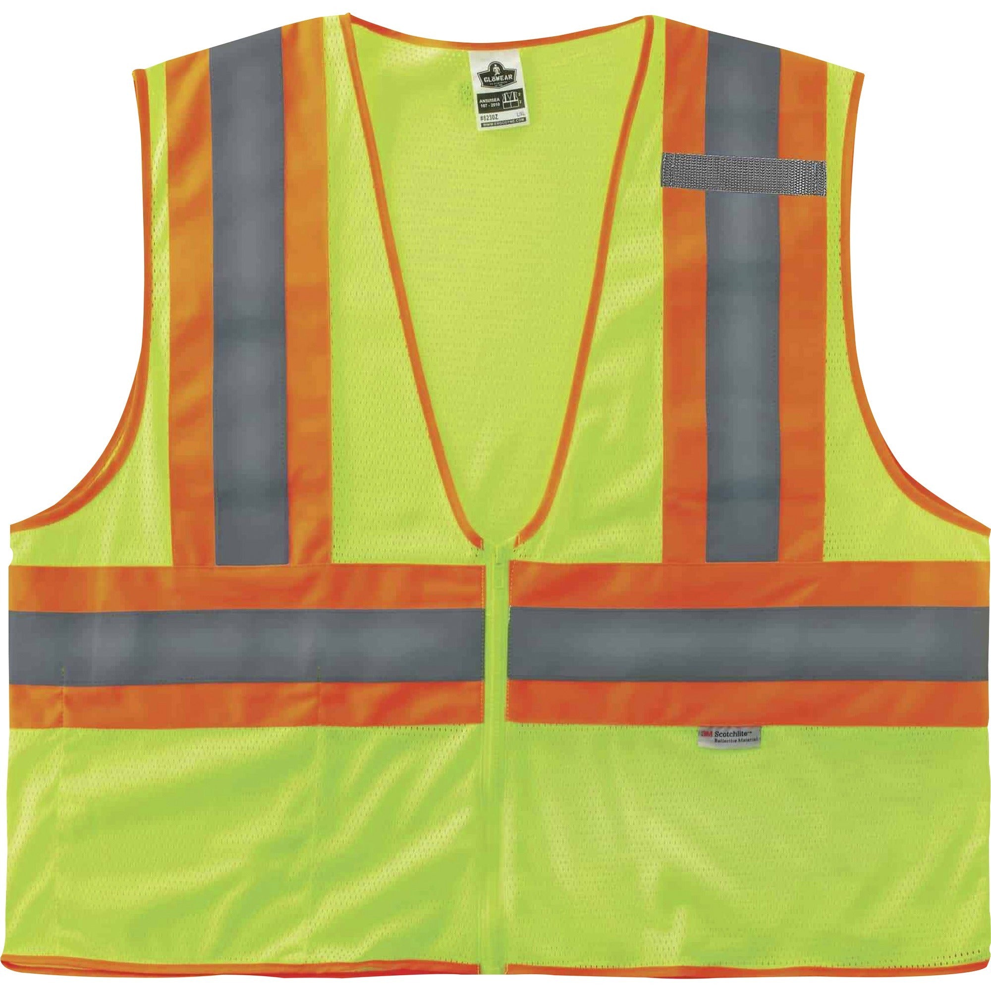 Ergodyne 8230Z Type R Class 2 Two-Tone Vest, Large/Extra Large, Zipper Closure, Mesh Polyester, Lime, Pocket, Mic Tab, Reflective, 1 Each