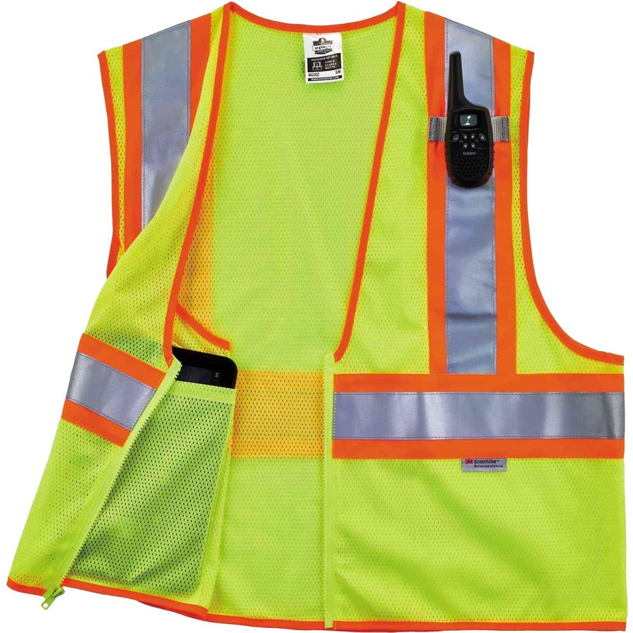 Ergodyne 8230Z Type R Class 2 Two-Tone Vest, 4XL/5XL, Zipper Closure, Mesh Polyester, Lime, Pocket, Mic Tab, Reflective, 1 Each