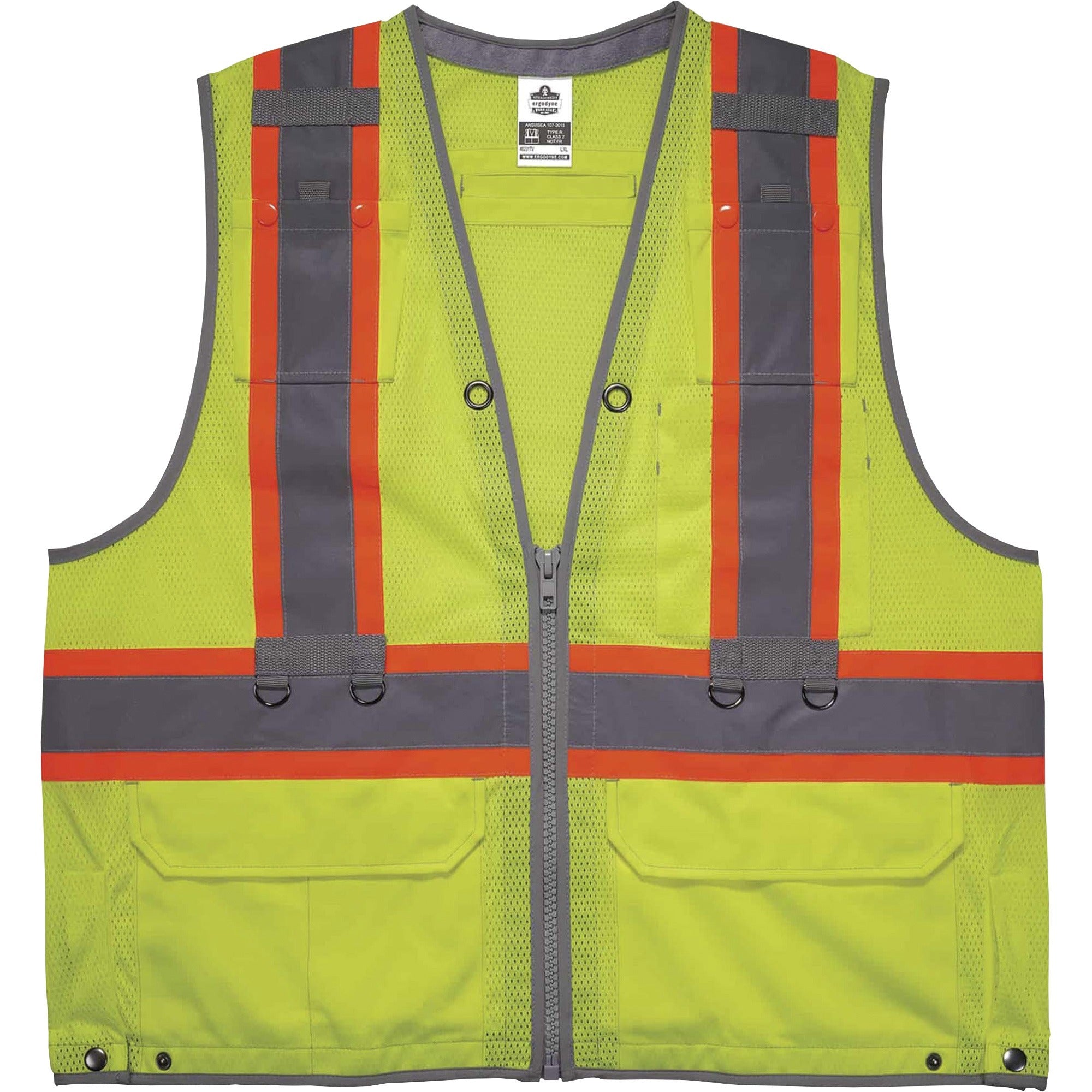 Ergodyne 8231TV Hi-Vis Tool Tethering Safety Vest, Type R Class 2, Lime, 4XL/5XL, Chest Pocket, Retractable Pocket, Includes 2 Coil Lanyards & 1 Retractable Lanyard, 1 Each