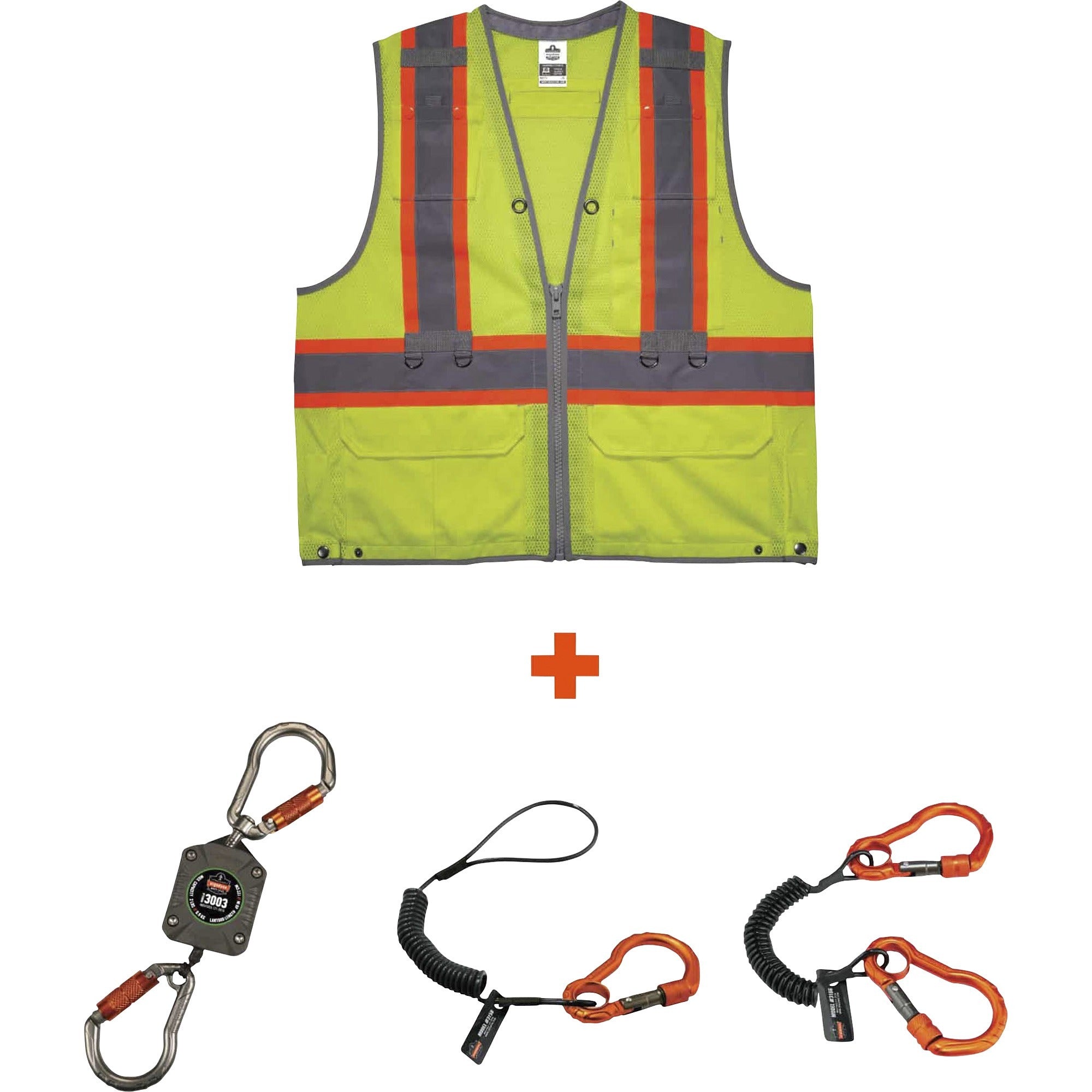 Ergodyne 8231TVK Hi-Vis Tool Tethering Safety Vest Kit, Class 2, Small/Medium, Lime, Reflective, Chest Pocket, Pen Slot, Front Pocket, Mic Tab, Includes 3 Lanyards, 1 Each