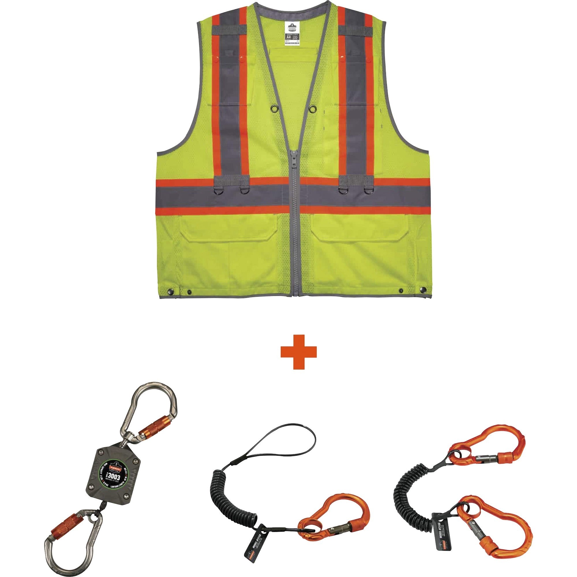 Ergodyne 8231TVK Hi-Vis Tool Tethering Safety Vest Kit, Class 2, Large/Extra Large, Lime, Reflective, Chest Pocket, Pen Slot, Front Pocket, Mic Tab, Includes 3 Lanyards, 1 Each
