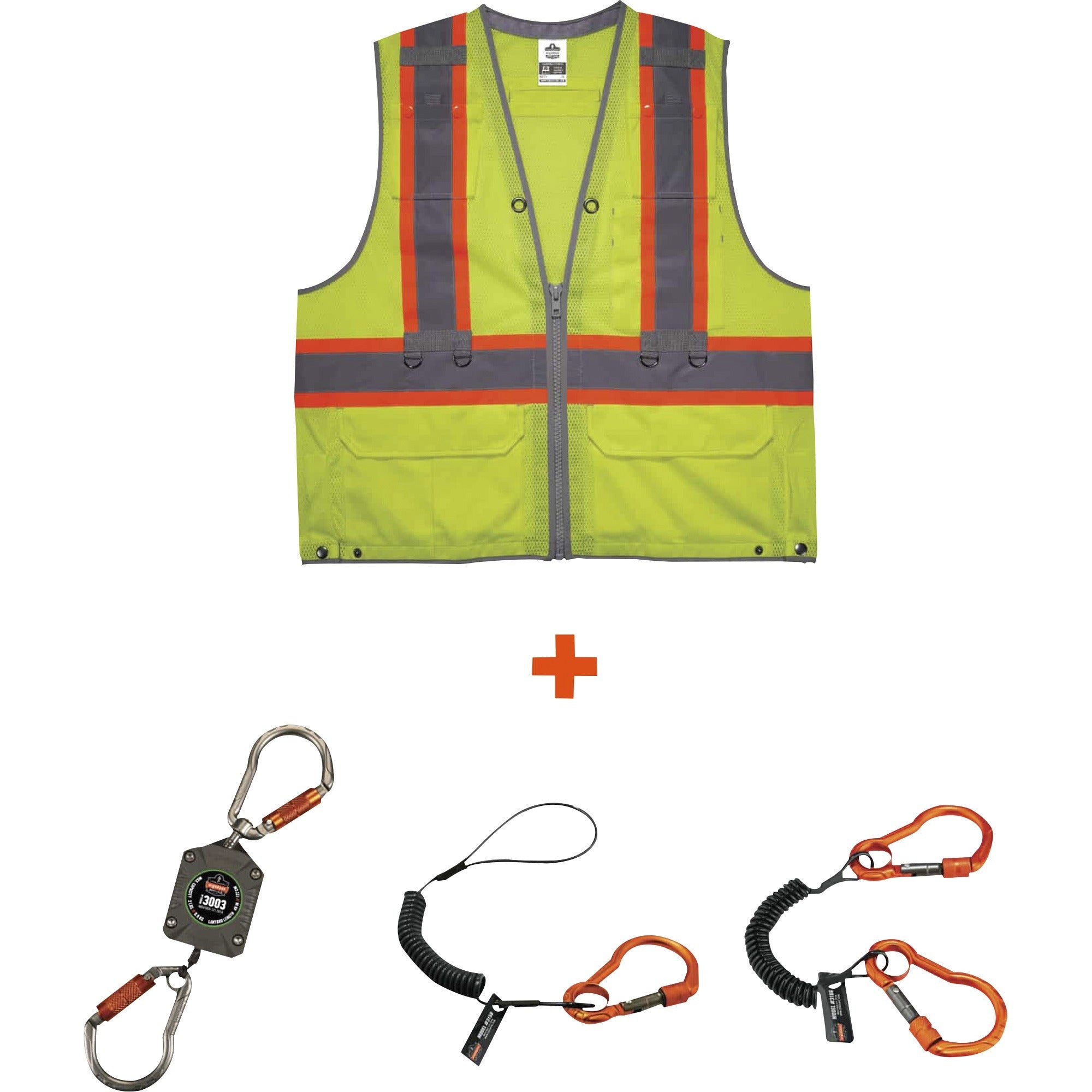 Ergodyne 8231TVK Hi-Vis Tool Tethering Safety Vest Kit, Class 2, 4XL/5XL, Lime, Includes Vest, Coil Lanyard with Single Carabiner, Coil Lanyard with Dual Carabiners, Retractable Tool Lanyard, 1 Each
