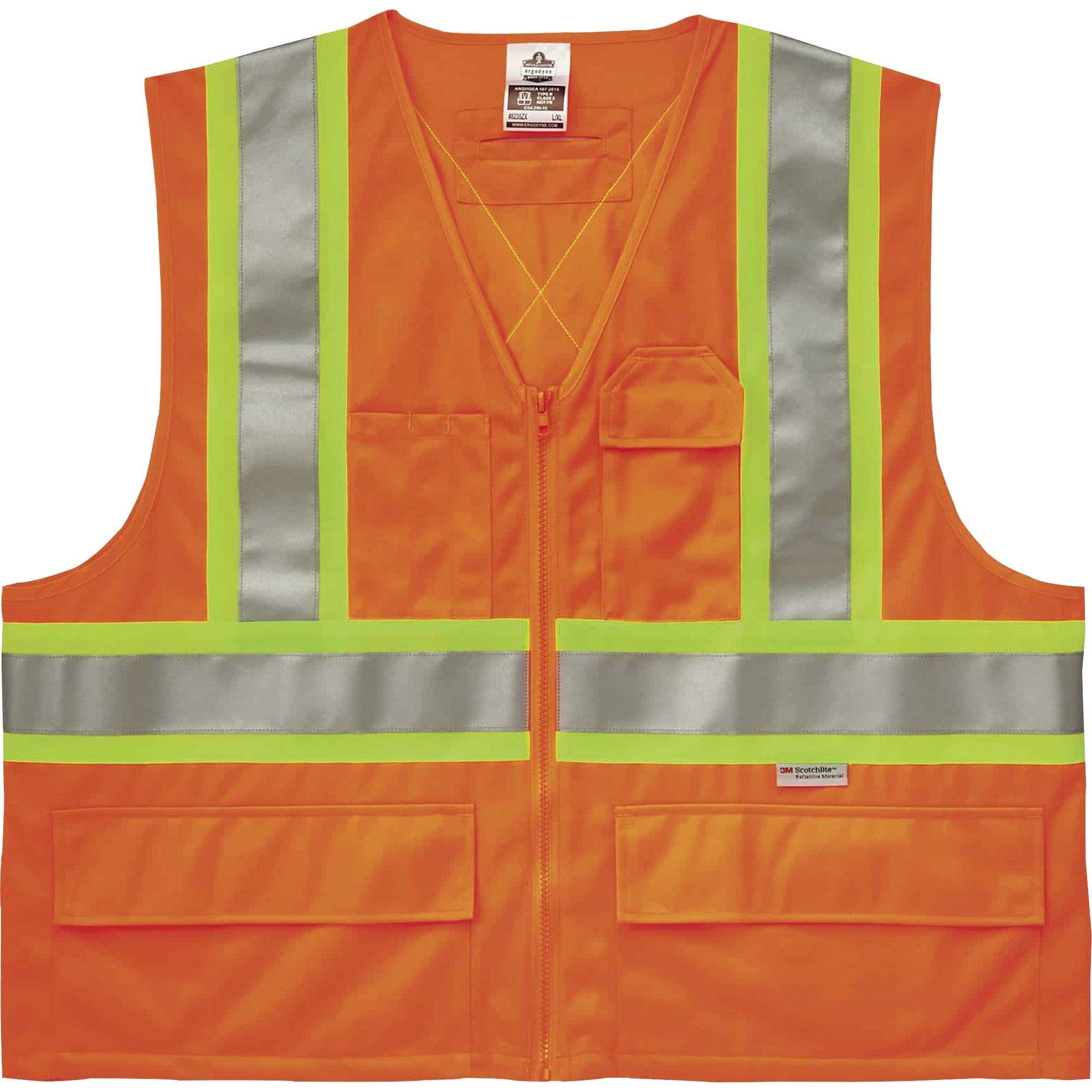Ergodyne 8235ZX Type R Class 2 Two-Tone X-Back Vest, Small/Medium, Zipper Closure, Polyester, Orange, Pocket, D-ring, Reflective, 1 Each