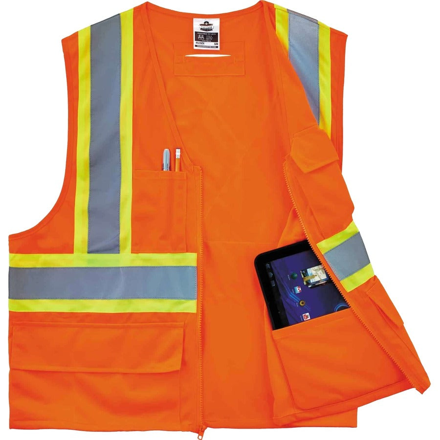 Ergodyne 8235ZX Type R Class 2 Two-Tone X-Back Vest, Small/Medium, Zipper Closure, Polyester, Orange, Pocket, D-ring, Reflective, 1 Each