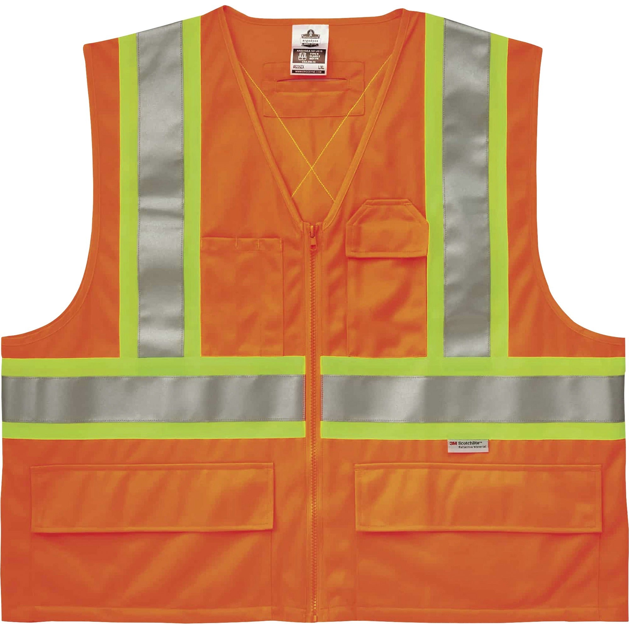 Ergodyne 8235ZX Type R Class 2 Two-Tone X-Back Vest, 2XL/3XL, Zipper Closure, Polyester, Orange, Pocket, D-ring, Reflective, 1 Each