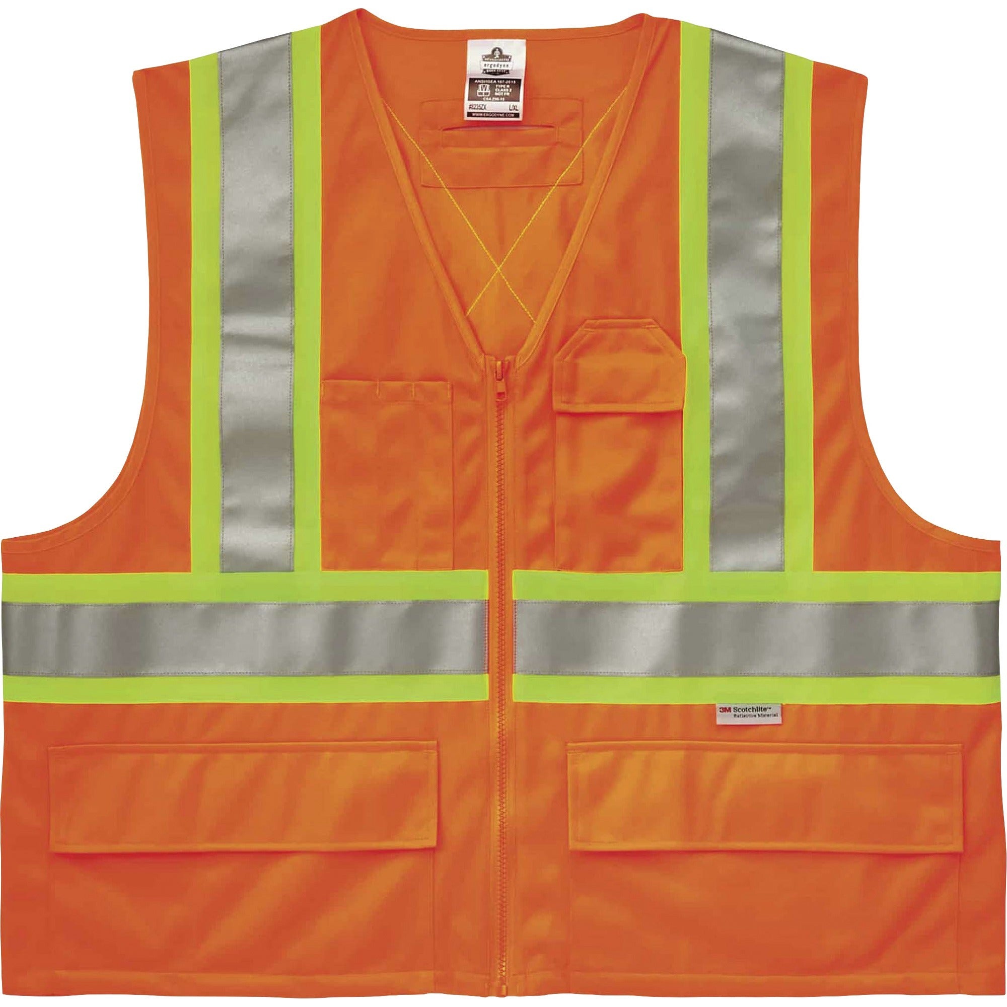 Ergodyne 8235ZX Type R Class 2 Two-Tone X-Back Vest, 4XL/5XL, Zipper Closure, Polyester, Orange, Pocket, D-ring, Reflective, 1 Each