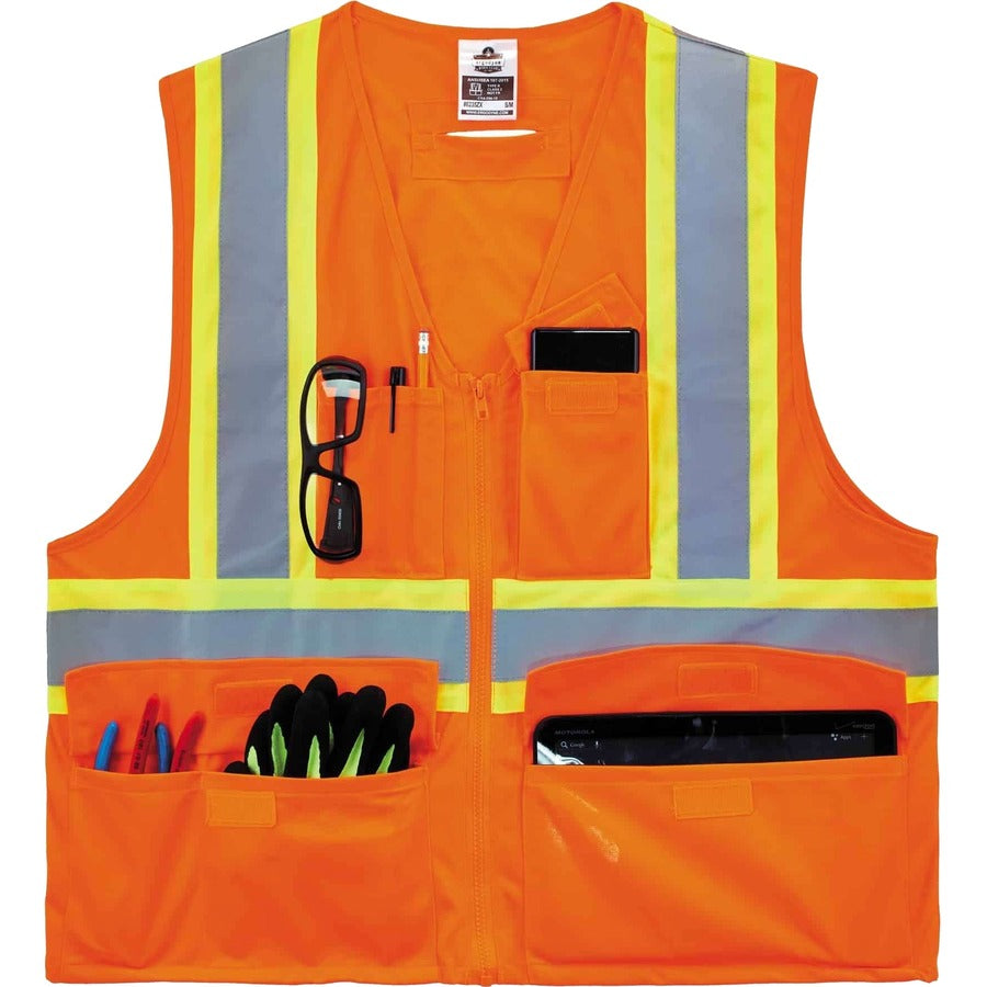 Ergodyne 8235ZX Type R Class 2 Two-Tone X-Back Vest, 4XL/5XL, Zipper Closure, Polyester, Orange, Pocket, D-ring, Reflective, 1 Each