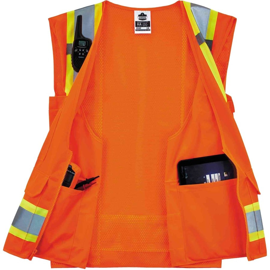 Ergodyne 8248Z Type R Class 2 Two-Tone Surveyors Vest, Large/Extra Large, Zipper Closure, Poly Mesh, Orange, Pocket, Mic Tab, Reflective, 1 Each