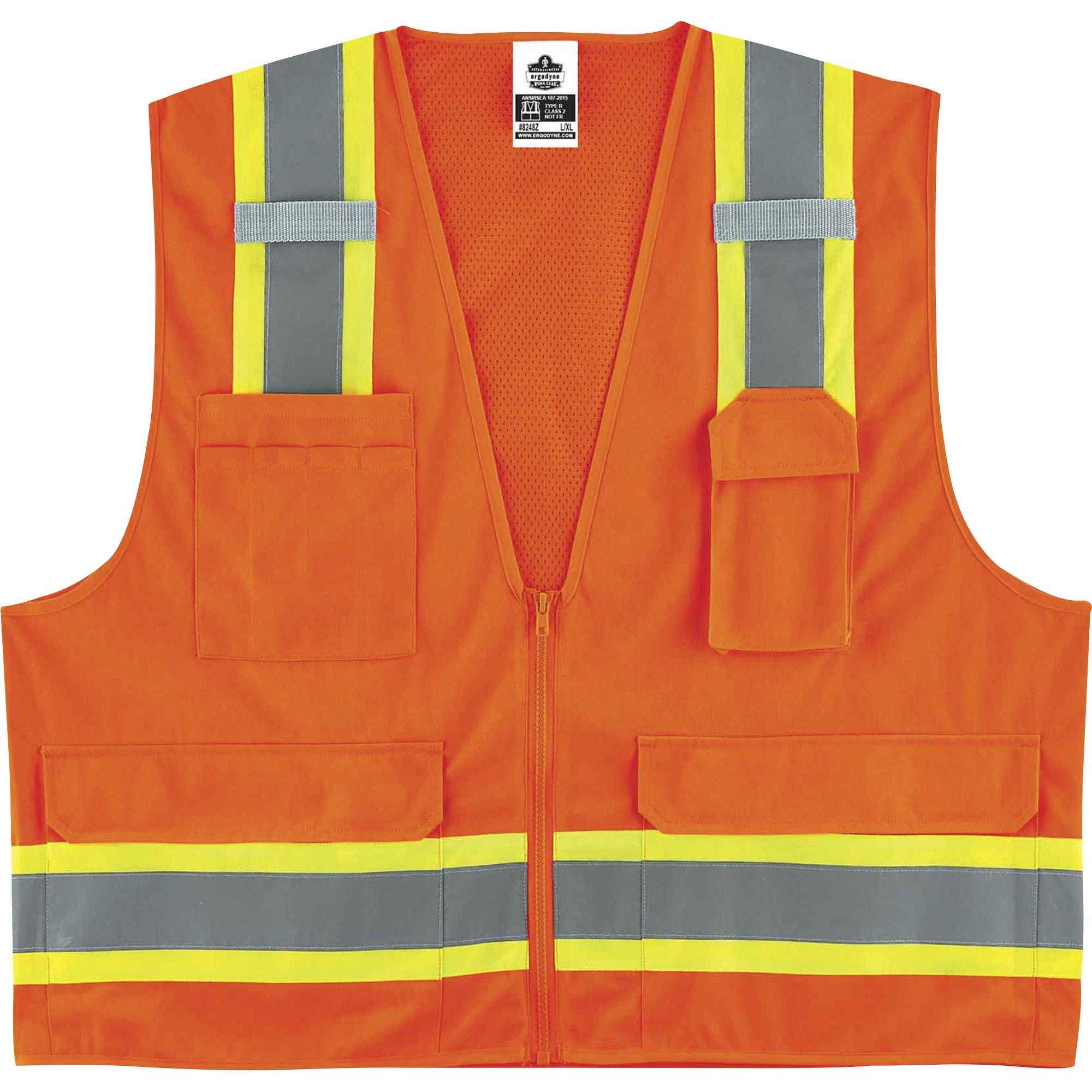 Ergodyne 8248Z Type R Class 2 Two-Tone Surveyors Vest, Large/Extra Large, Zipper Closure, Poly Mesh, Orange, Pocket, Mic Tab, Reflective, 1 Each