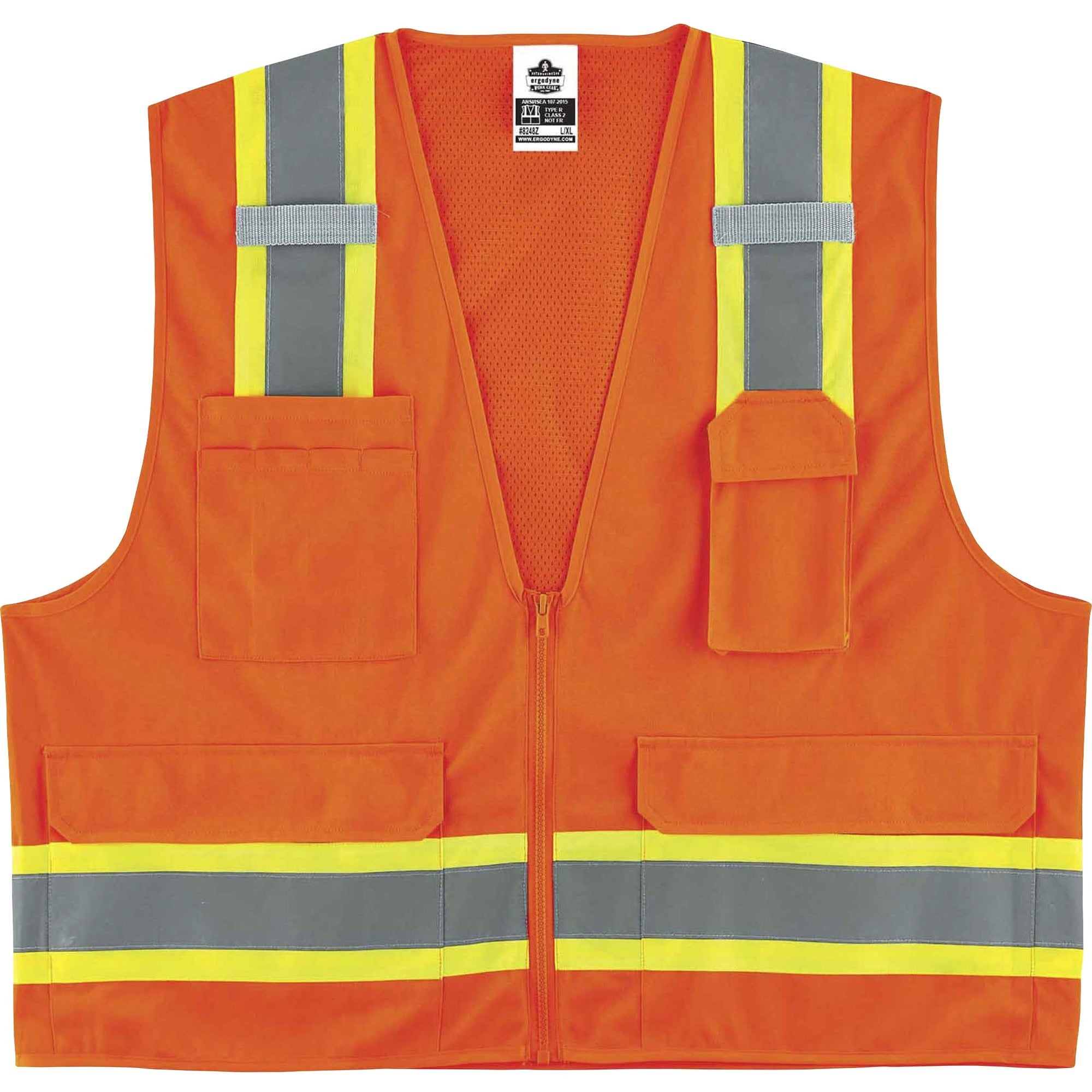 Ergodyne 8248Z Type R Class 2 Two-Tone Surveyors Vest, 2XL/3XL, Zipper Closure, Poly Mesh, Orange, Pockets, Mic Tab, Reflective, 1 Each