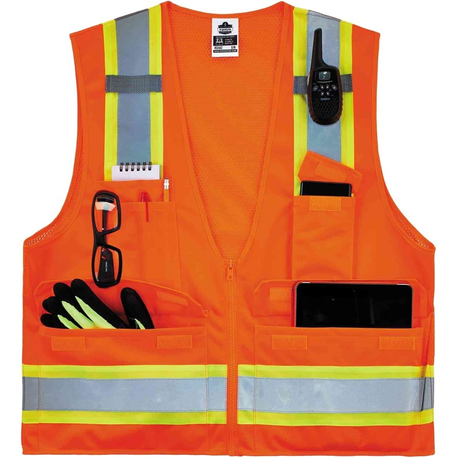 Ergodyne 8248Z Type R Class 2 Two-Tone Surveyors Vest, 2XL/3XL, Zipper Closure, Poly Mesh, Orange, Pockets, Mic Tab, Reflective, 1 Each