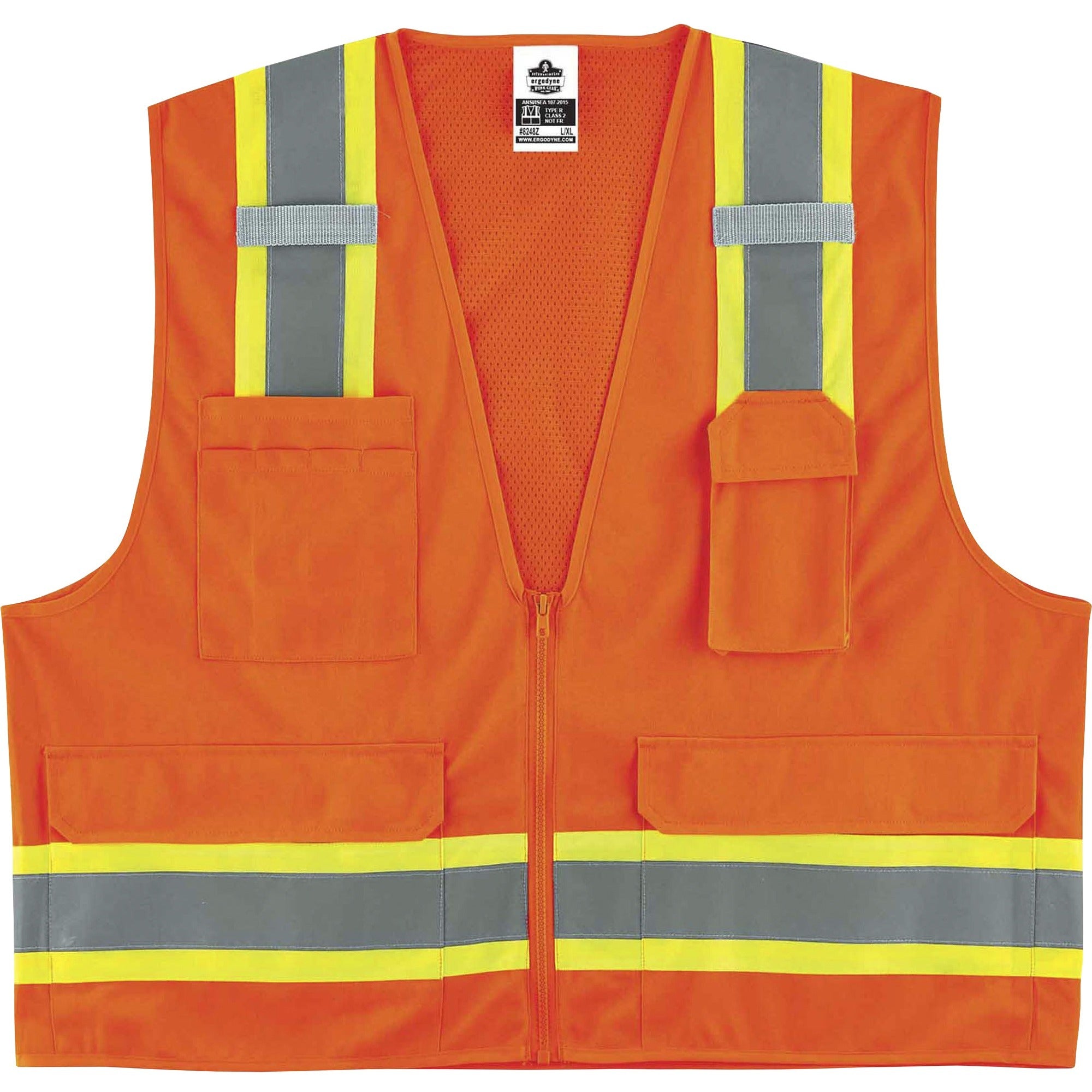 Ergodyne 8248Z Type R Class 2 Two-Tone Surveyors Vest, 4XL/5XL, Zipper Closure, Poly Mesh, Orange, Pocket, Mic Tab, Reflective, 1 Each