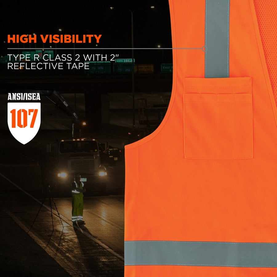 Ergodyne 8249Z Type R Class 2 Economy Surveyors Vest, Small/Medium, Zipper Closure, Orange, Polyester/Polyester Mesh, Reflective, High Visibility, Breathable, Lightweight, Multiple Pockets, 1 Each