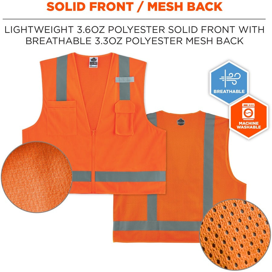Ergodyne 8249Z Type R Class 2 Economy Surveyors Vest, Small/Medium, Zipper Closure, Orange, Polyester/Polyester Mesh, Reflective, High Visibility, Breathable, Lightweight, Multiple Pockets, 1 Each