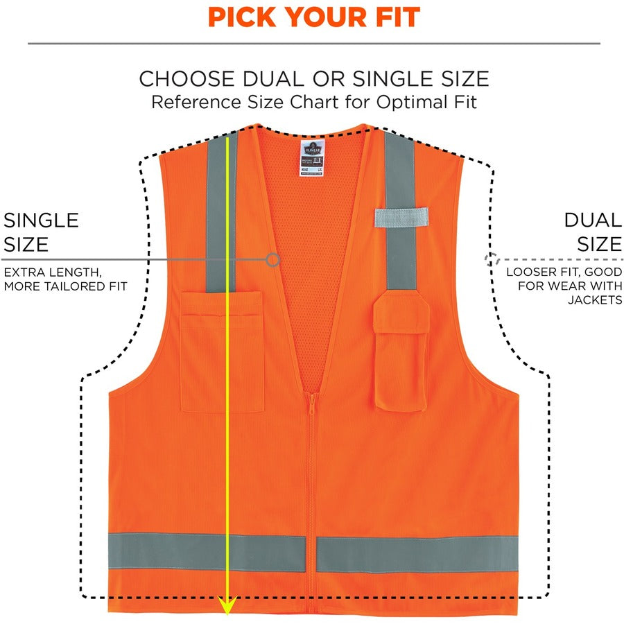 Ergodyne 8249Z Type R Class 2 Economy Surveyors Vest, Small/Medium, Zipper Closure, Orange, Polyester/Polyester Mesh, Reflective, High Visibility, Breathable, Lightweight, Multiple Pockets, 1 Each