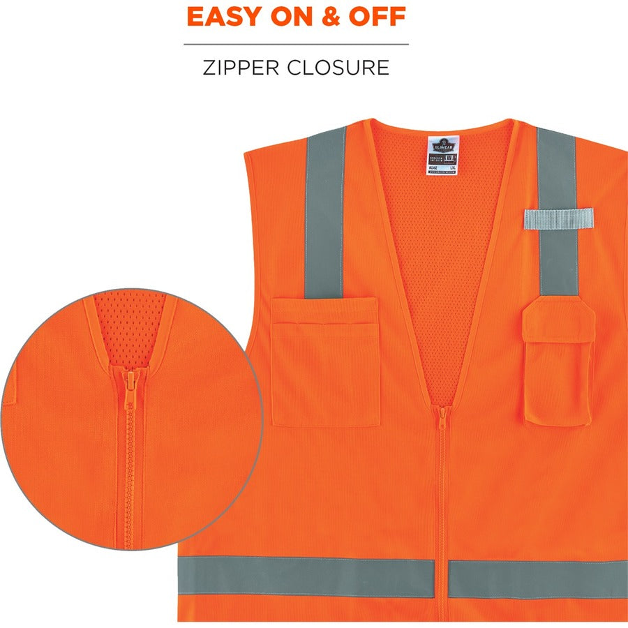 Ergodyne 8249Z Type R Class 2 Economy Surveyors Vest, 4XL/5XL, Zipper Closure, Polyester/Polyester Mesh, Orange, Reflective, High Visibility, Breathable, Lightweight, Multiple Pockets, 1 Each
