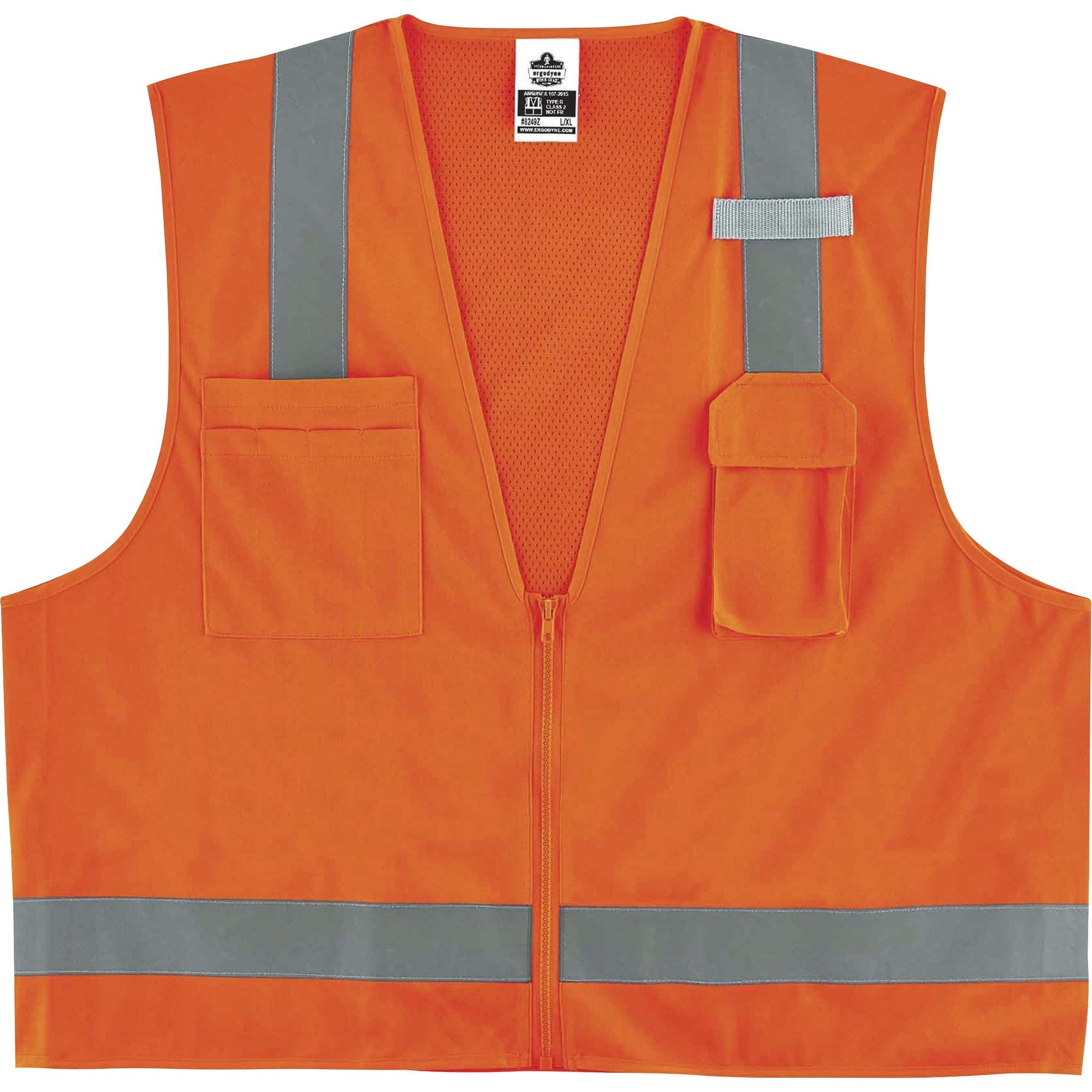 Ergodyne 8249Z Type R Class 2 Economy Surveyors Vest, 4XL/5XL, Zipper Closure, Polyester/Polyester Mesh, Orange, Reflective, High Visibility, Breathable, Lightweight, Multiple Pockets, 1 Each