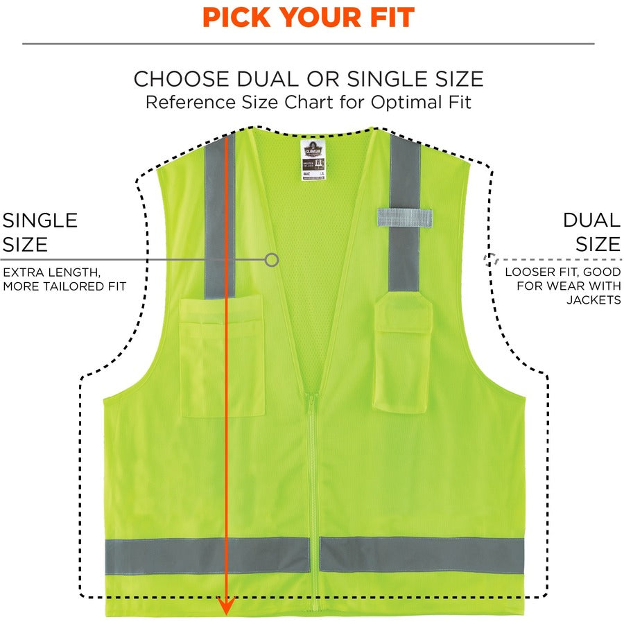 Ergodyne 8249Z Type R Class 2 Economy Surveyors Vest, Large/Extra Large, Zipper Closure, Lime, Polyester, Reflective, High Visibility, Breathable, Lightweight, 1 Each