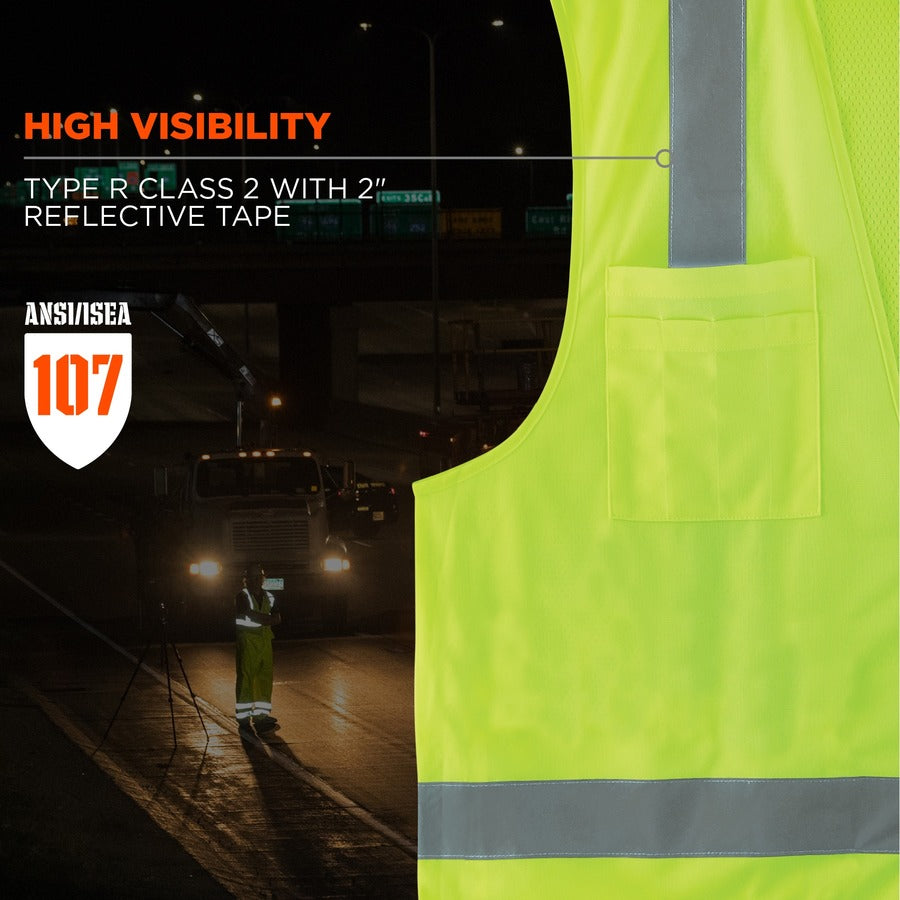 Ergodyne 8249Z Type R Class 2 Economy Surveyors Vest, Large/Extra Large, Zipper Closure, Lime, Polyester, Reflective, High Visibility, Breathable, Lightweight, 1 Each