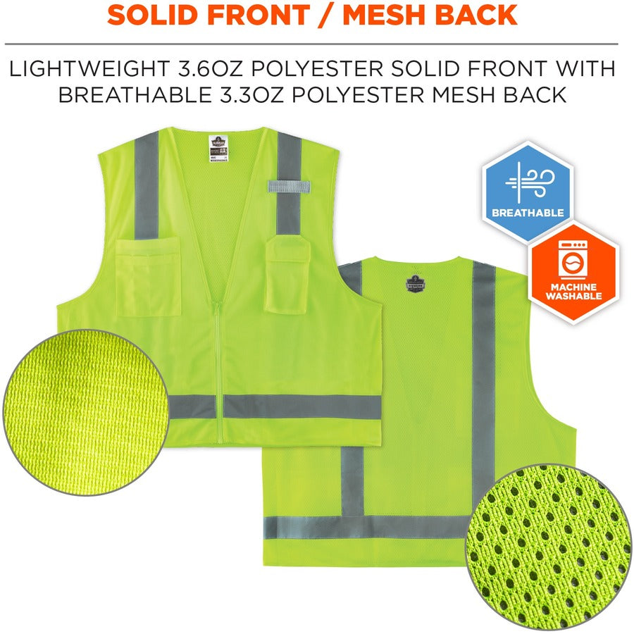 Ergodyne 8249Z Type R Class 2 Economy Surveyors Vest, Lime, Zipper Closure, Polyester/Polyester Mesh, Reflective, High Visibility, Breathable, Lightweight, 4XL/5XL, 1 Each