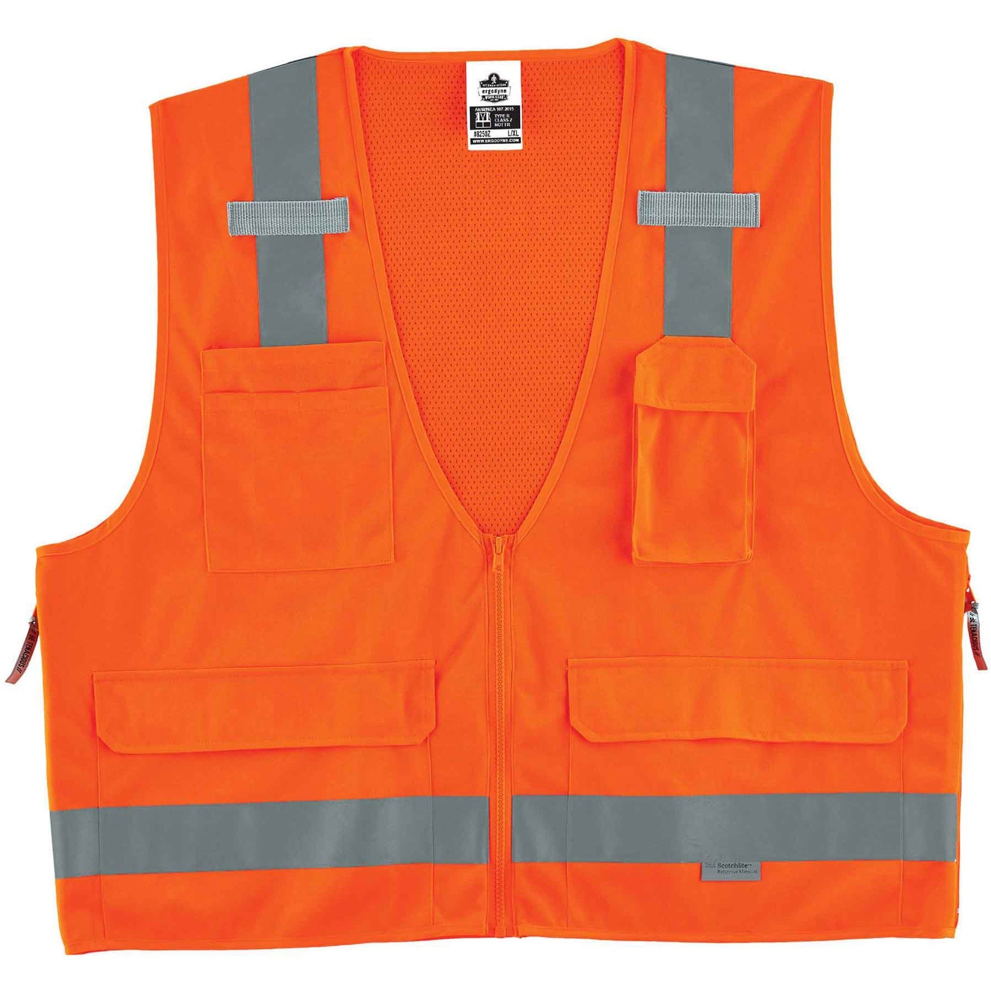 Ergodyne 8250Z Type R Class 2 Surveyors Vest, Large/Extra Large, Zipper Closure, Poly Mesh, Orange, Pocket, Mic Tab, Reflective, 1 Each
