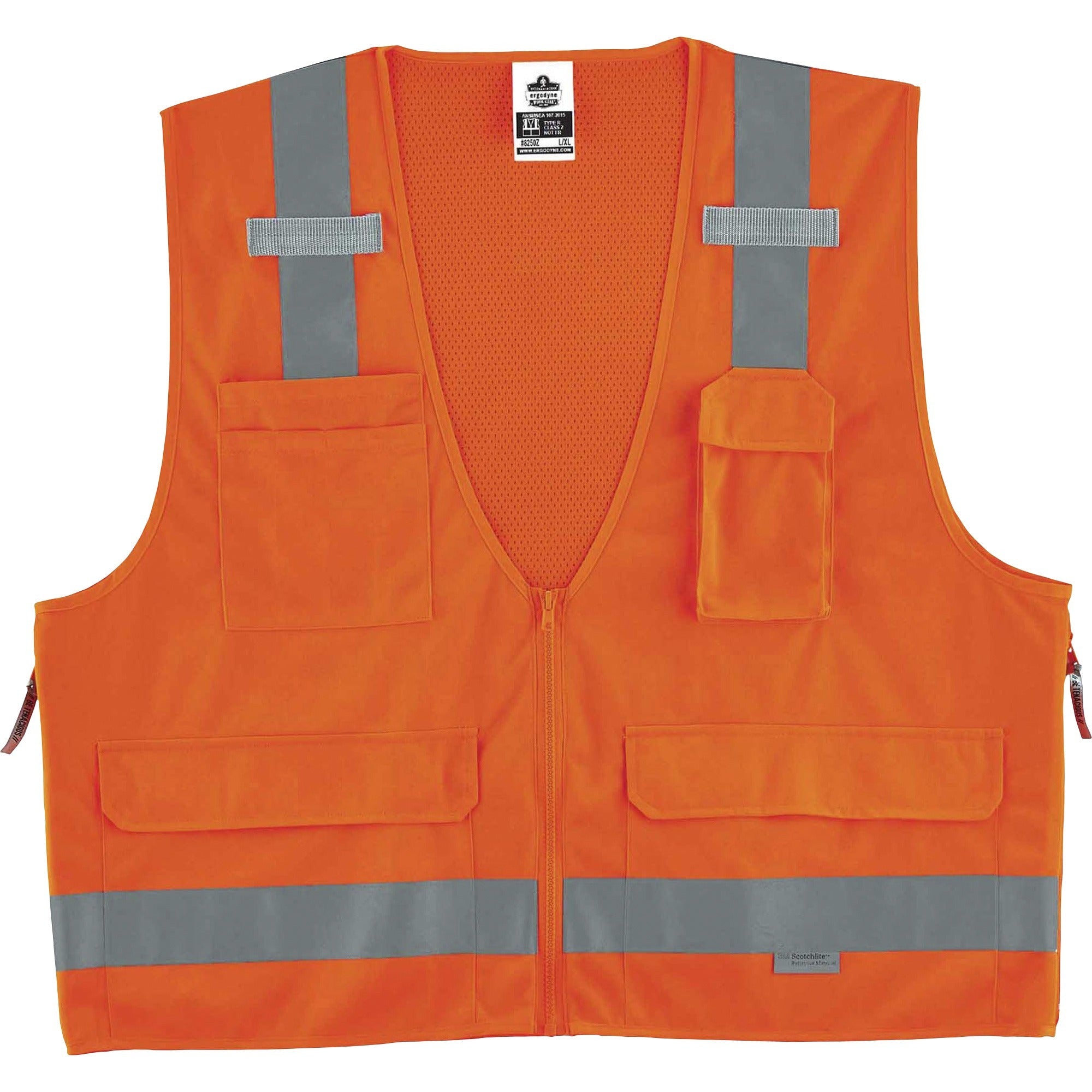 Ergodyne 8250Z Type R Class 2 Surveyors Vest, 2-3XL, Zipper Closure, Poly Mesh, Orange, Pockets, Mic Tab, Reflective, 1 Each