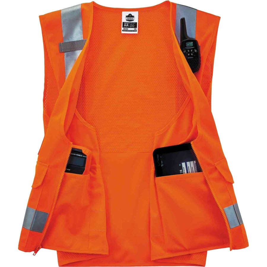Ergodyne 8250Z Type R Class 2 Surveyors Vest, 2-3XL, Zipper Closure, Poly Mesh, Orange, Pockets, Mic Tab, Reflective, 1 Each