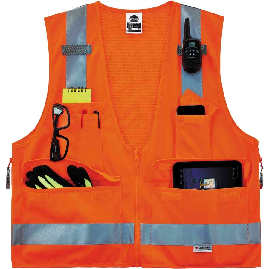 Ergodyne 8250Z Type R Class 2 Surveyors Vest, 4XL/5XL, Zipper Closure, Poly Mesh, Orange, Pocket, Mic Tab, Reflective, 1 Each