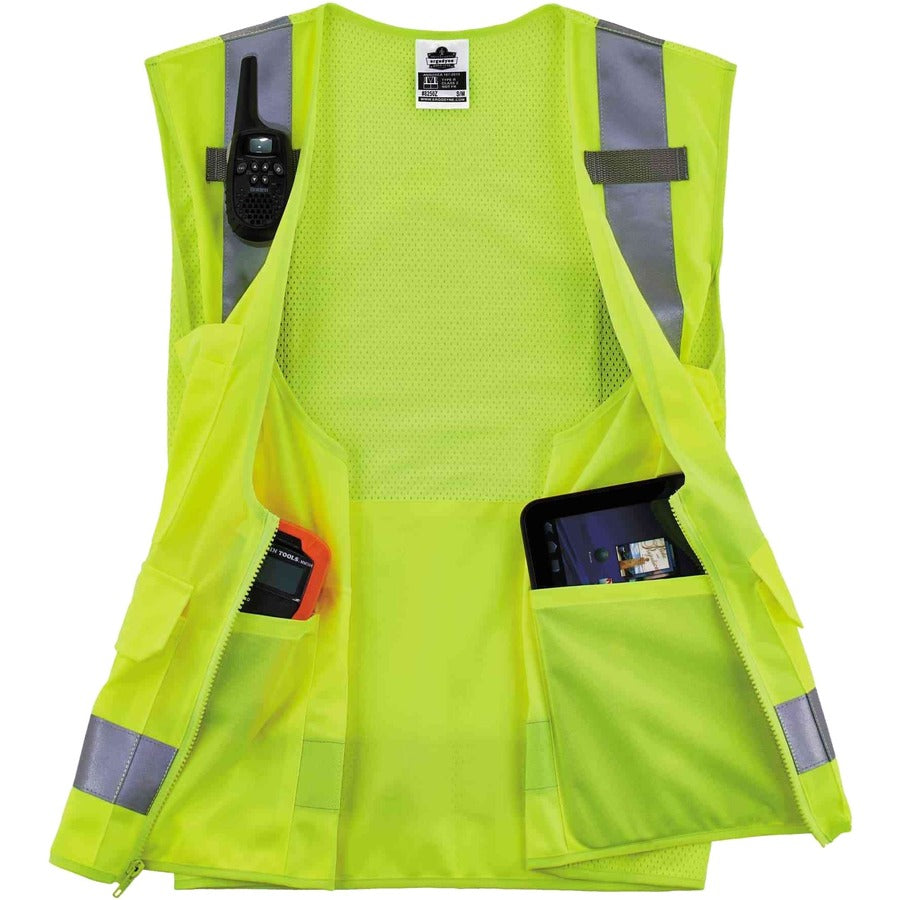 Ergodyne 8250Z Type R Class 2 Surveyors Vest, Small/Medium, Zipper Closure, Poly Mesh, Lime, Pocket, Mic Tab, Reflective, 1 Each