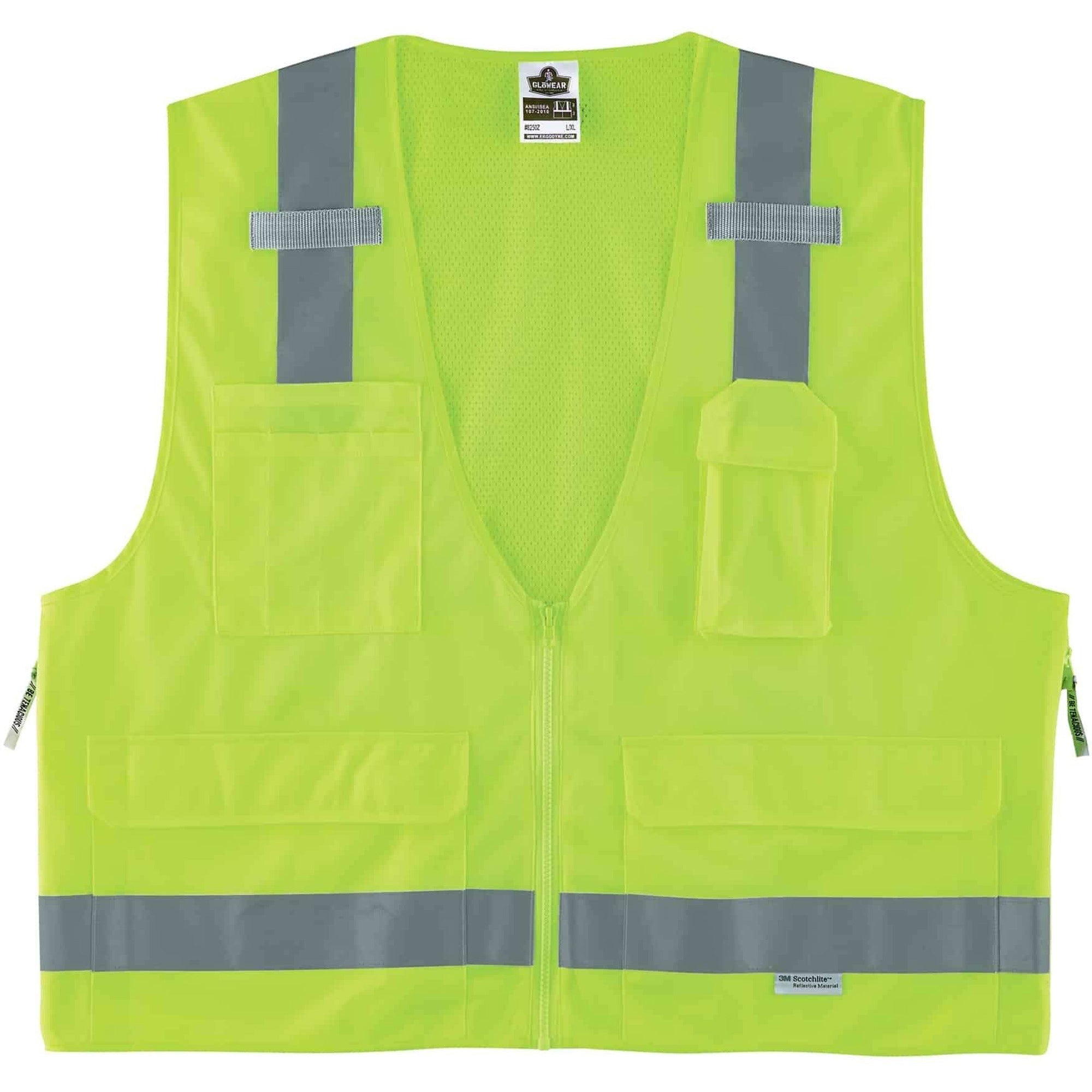 Ergodyne 8250Z Type R Class 2 Surveyors Vest, Small/Medium, Zipper Closure, Poly Mesh, Lime, Pocket, Mic Tab, Reflective, 1 Each
