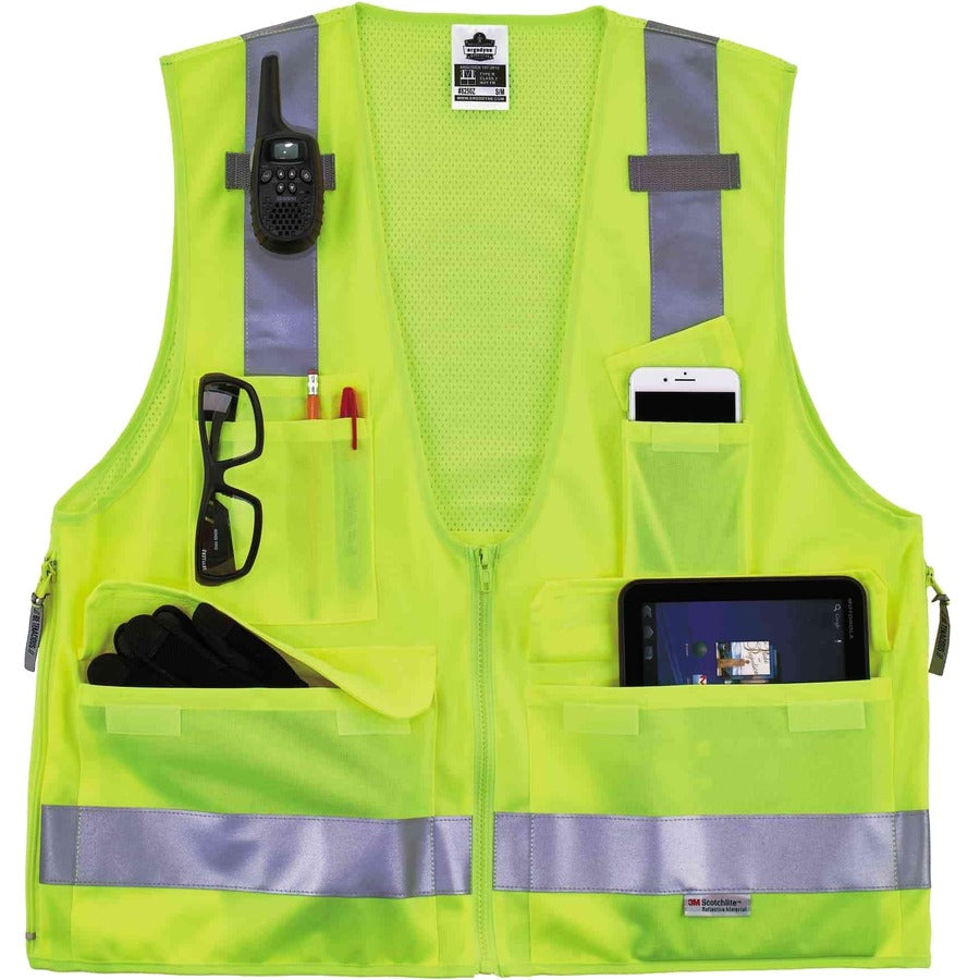 Ergodyne 8250Z Type R Class 2 Surveyors Vest, 4XL/5XL, Zipper Closure, Poly Mesh, Lime, Pocket, Mic Tab, Reflective, 1 Each