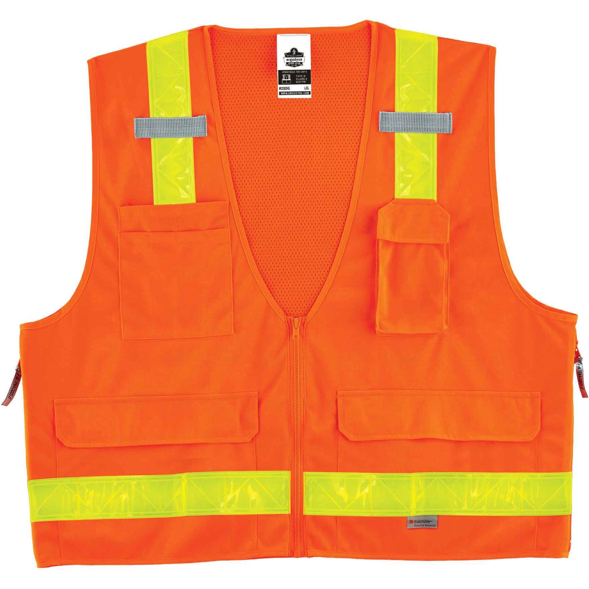 Ergodyne 8250ZHG Type R Class 2 Hi-Gloss Surveyors Vest, Small/Medium, Zipper Closure, Poly Mesh, Orange, Pocket, Mic Tab, Reflective, 1 Each