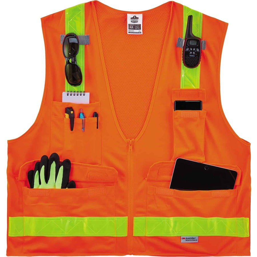 Ergodyne 8250ZHG Type R Class 2 Hi-Gloss Surveyors Vest, Small/Medium, Zipper Closure, Poly Mesh, Orange, Pocket, Mic Tab, Reflective, 1 Each