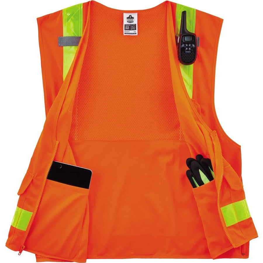 Ergodyne 8250ZHG Type R Class 2 Hi-Gloss Surveyors Vest, 4XL/5XL, Zipper Closure, Poly Mesh, Orange, Pocket, Mic Tab, Reflective, 1 Each