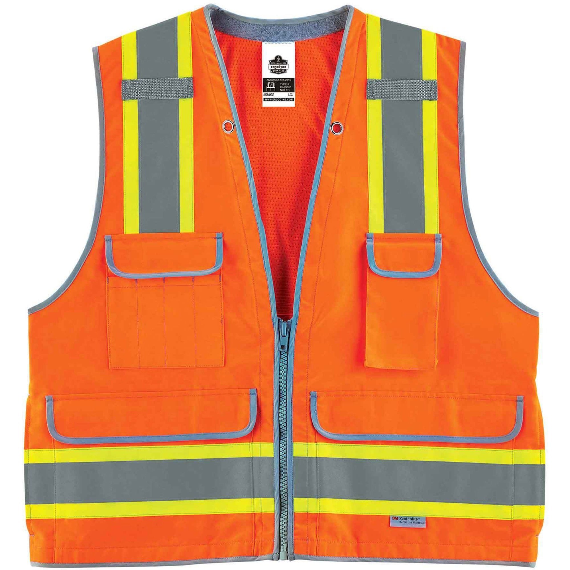 Ergodyne 8254HDZ Type R Class 2 Heavy-Duty Surveyors Vest, Large/Extra Large, Zipper Closure, Polyester Mesh, Orange, Pocket, Mic Tab, Reflective, Heavy Duty, Rugged, 1 Each