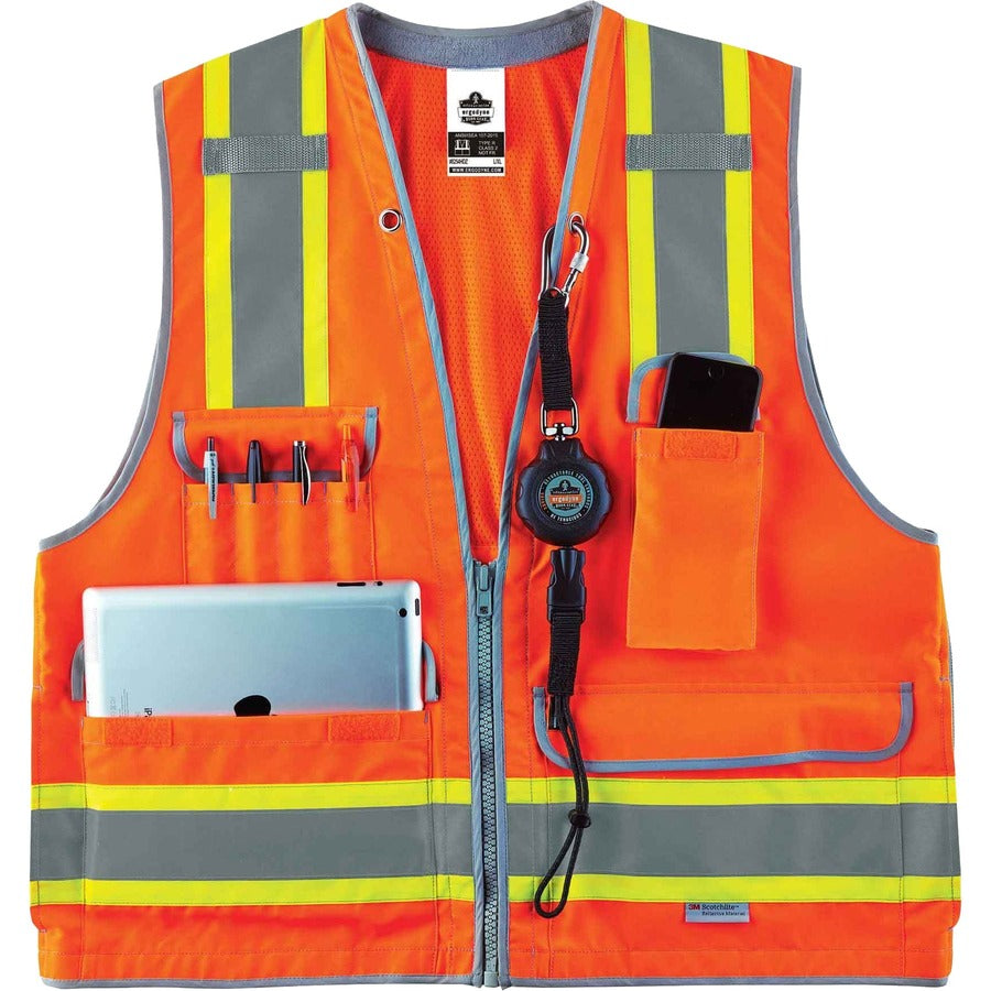 Ergodyne 8254HDZ Type R Class 2 Heavy-Duty Surveyors Vest, Large/Extra Large, Zipper Closure, Polyester Mesh, Orange, Pocket, Mic Tab, Reflective, Heavy Duty, Rugged, 1 Each