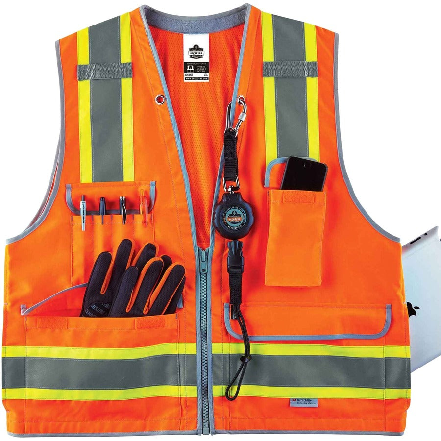 Ergodyne 8254HDZ Type R Class 2 Heavy-Duty Surveyors Vest, Large/Extra Large, Zipper Closure, Polyester Mesh, Orange, Pocket, Mic Tab, Reflective, Heavy Duty, Rugged, 1 Each