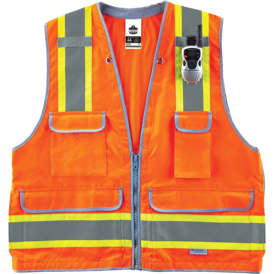 Ergodyne 8254HDZ Type R Class 2 Heavy-Duty Surveyors Vest, 4XL/5XL, Zipper Closure, Polyester Mesh, Orange, Reflective, Heavy Duty, Rugged, 1 Each