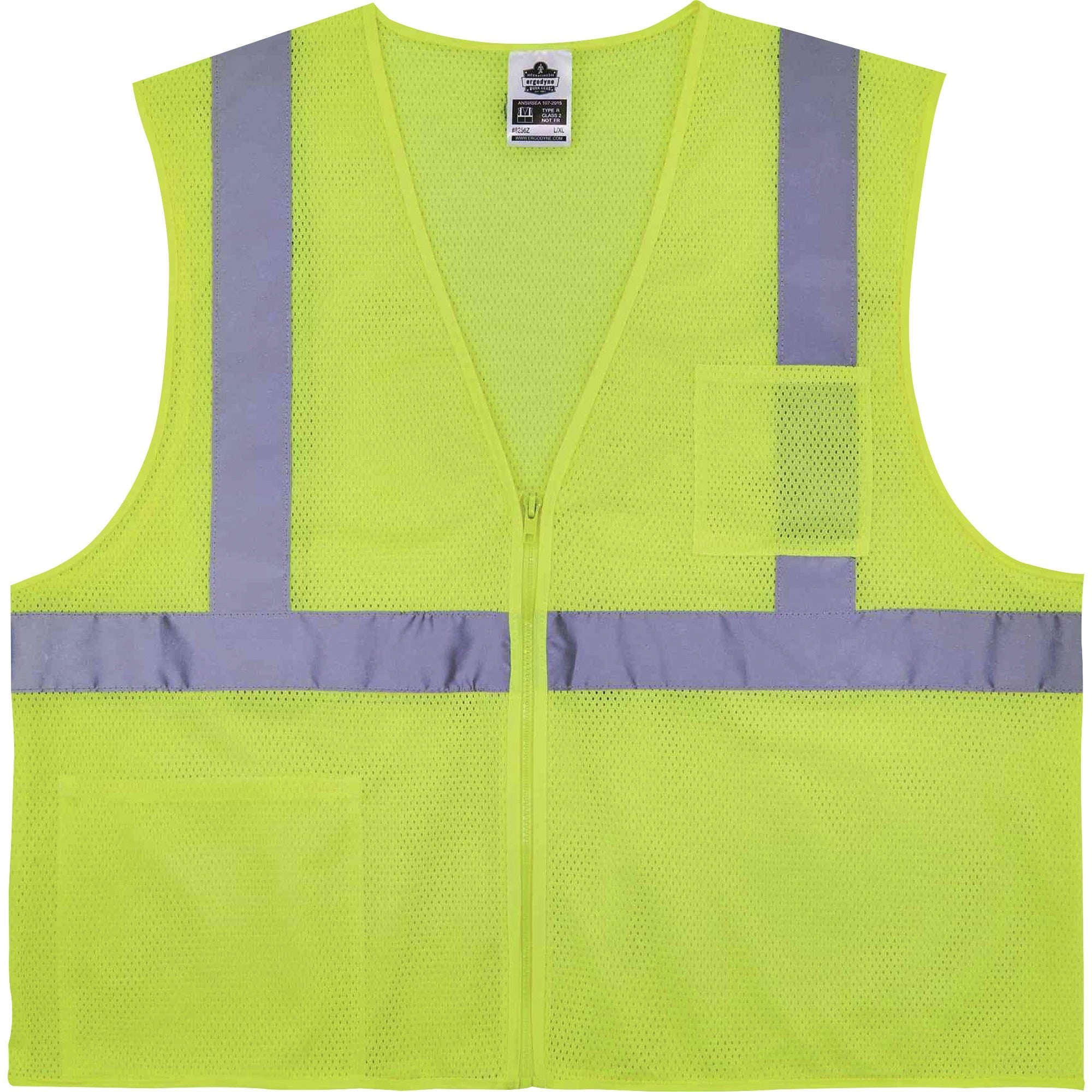 Ergodyne 8256Z Treated Polyester Hi-Vis Class 2 Vest, Small/Medium, Zipper Closure, Lime, Machine Washable, Breathable, Durable, Flame Resistant, Reflective Strip, Interior Pocket, 1 Each
