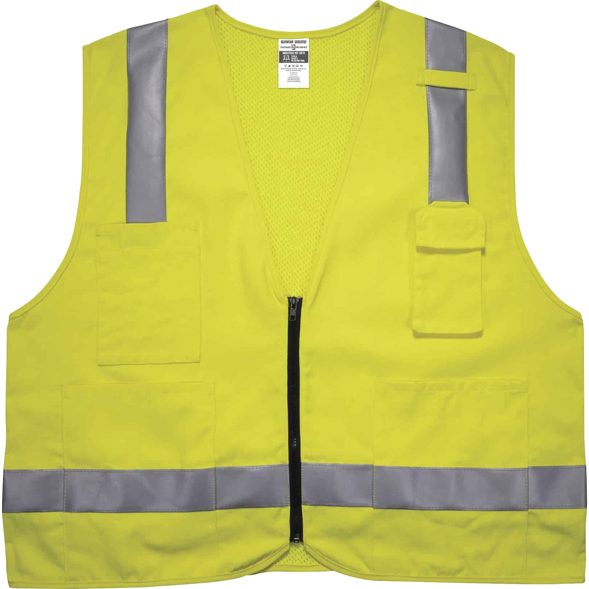 Ergodyne 8262FRZ Hi-Vis Flame-Resistant Surveyor Vest, Class 2, NFPA 70E, Mesh, Small/Medium, Zipper Closure, Lime, Machine Washable, Reflective, Breathable, 1 Each