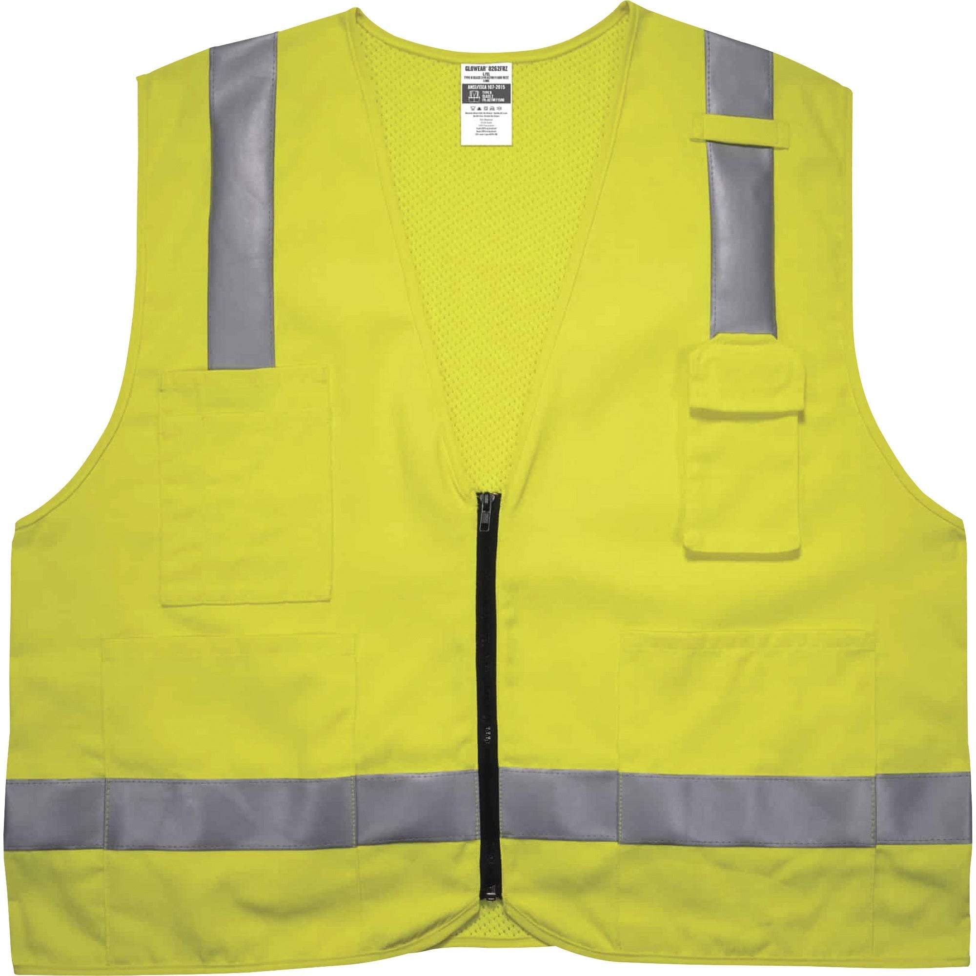 Ergodyne 8262FRZ Hi-Vis Flame-resistant Surveyor Vest, Class 2, NFPA 70E, Mesh, Large/Extra Large, Zipper Closure, Lime, Machine Washable, Reflective, Cell Phone Pocket, Pen Slot, 1 Each