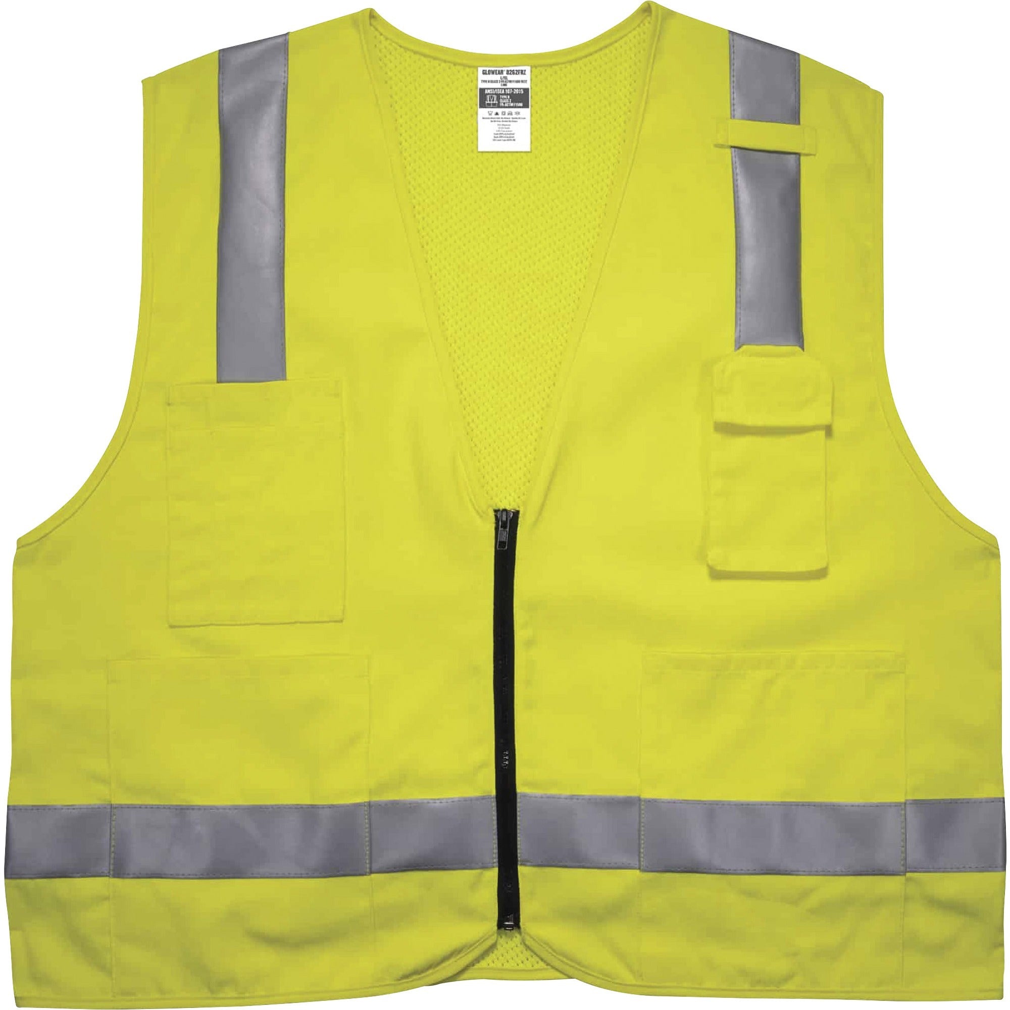 Ergodyne 8262FRZ Hi-Vis Flame-resistant Surveyor Vest, Class 2, NFPA 70E, Mesh, Zipper Closure, Lime, 4XL/5XL, Machine Washable, Reflective, Cell Phone Pocket, Pen Slot, 1 Each