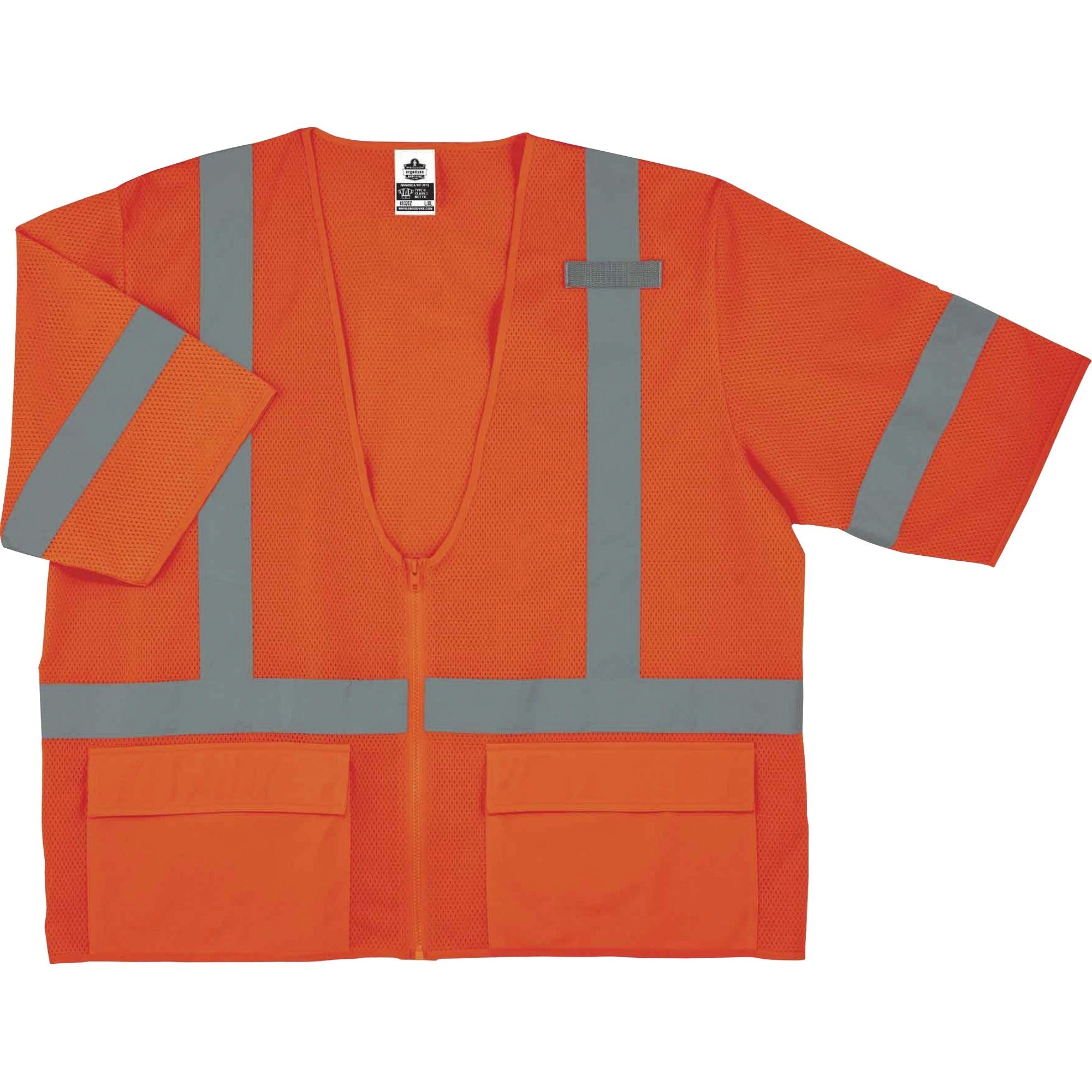 Ergodyne 8320Z Type R Class 3 Standard Vest, 2-3XL, Zipper Closure, Polyester Mesh, Orange, Pocket, Mic Tab, Reflective, 1 Each