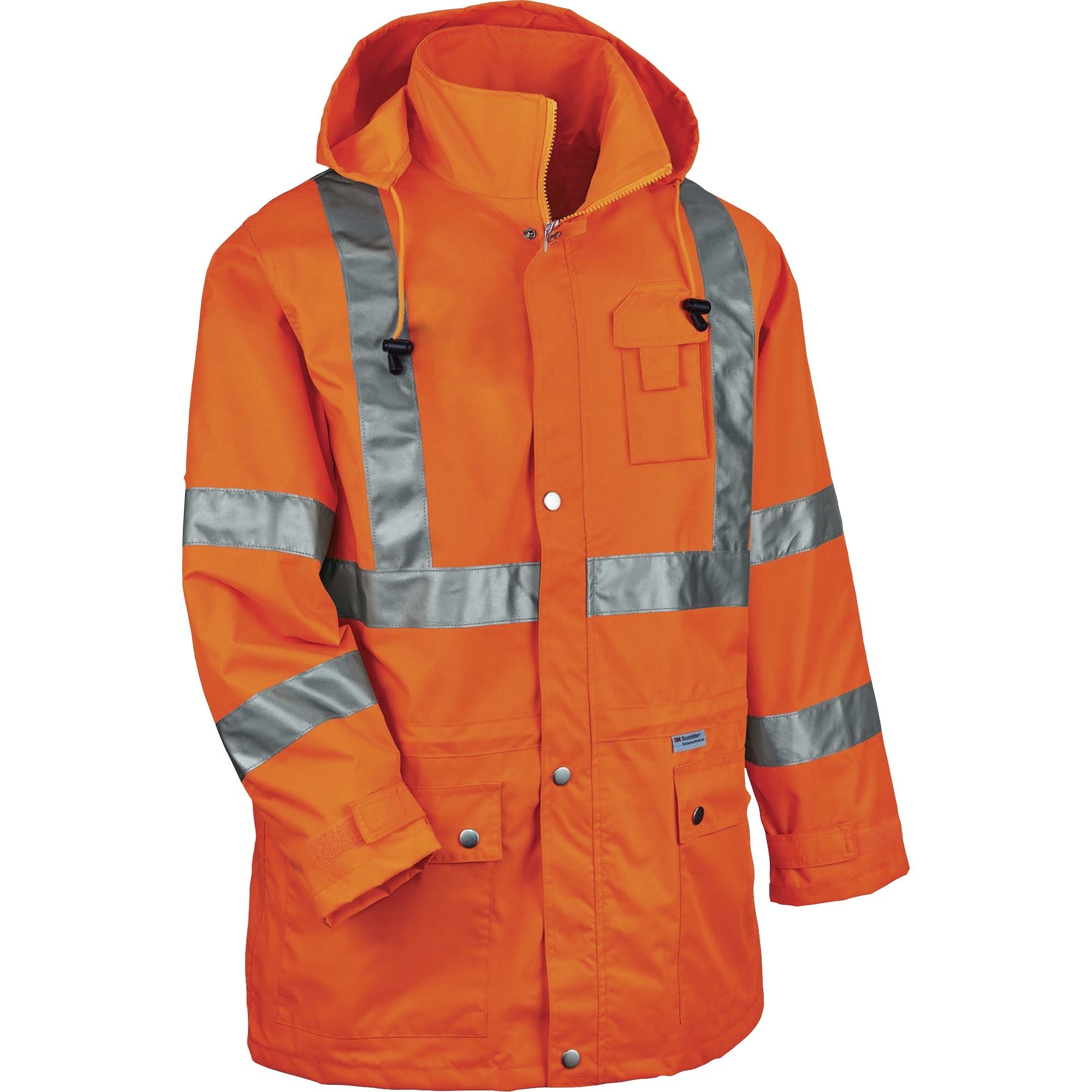 Ergodyne 8365 Type R Class 3 Hi-Vis Rain Jacket, Small, Orange, Polyurethane, Breathable, Waterproof, Reflective, Inset Hood, Drawstring Closure, Snap Closure, Multiple Pockets, 1 Each