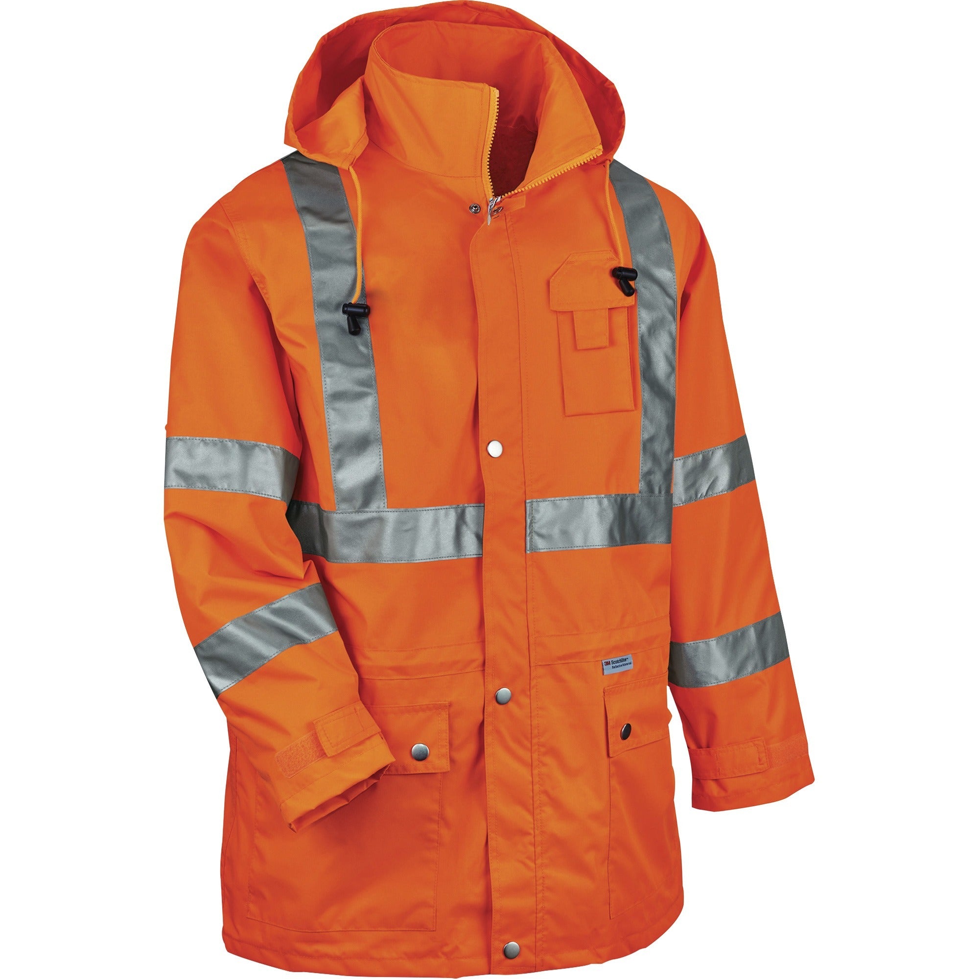 Ergodyne 8365 Type R Class 3 Hi-Vis Rain Jacket, Medium, Orange, Polyurethane, Breathable, Waterproof, Reflective, Inset Hood, Drawstring Closure, Multiple Pockets, 1 Each