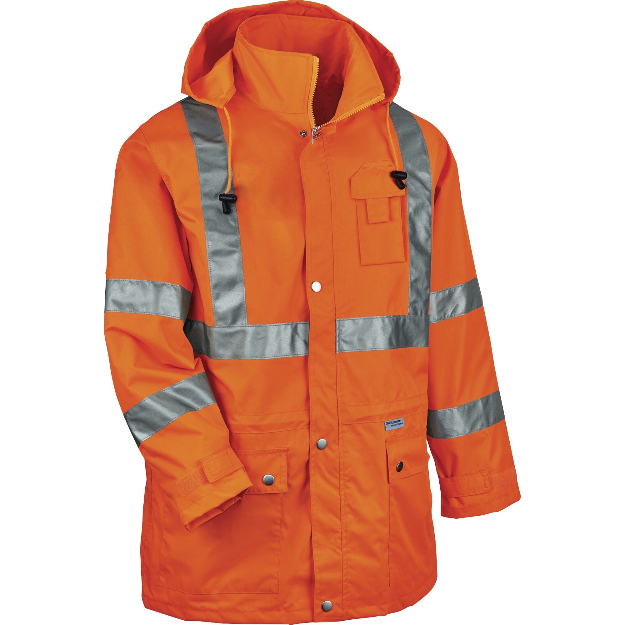 Ergodyne 8365 Type R Class 3 Hi-Vis Rain Jacket, 3X-Large, Orange, Polyurethane, Breathable, Reflective, Inset Hood, Storm Flap, Snap Closure, Cell Phone & Chest Pocket, 1 Each